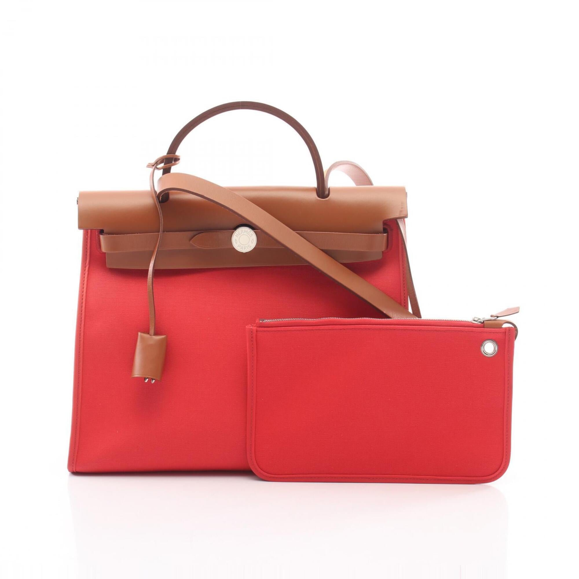 Hermes Bougainvillier Brown Fauve Pink Canvas Toile Officier Leather Handbag Pouch (Pre-Owned)
