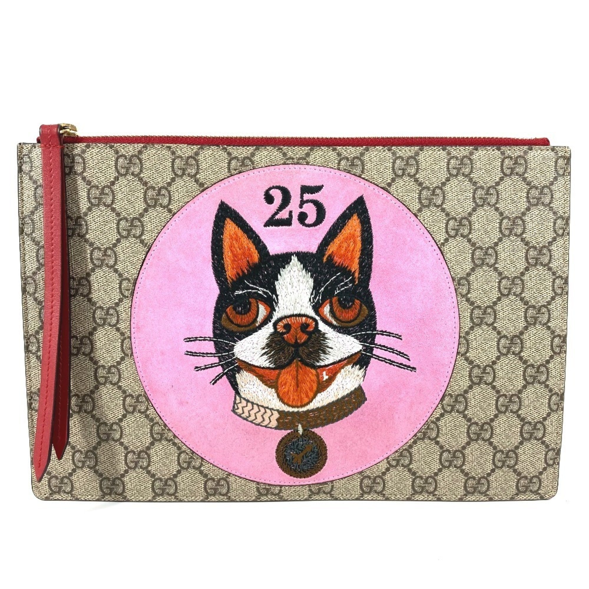 Gucci Beige Red Color Gg Supreme Clutch Bag (Pre-Owned)