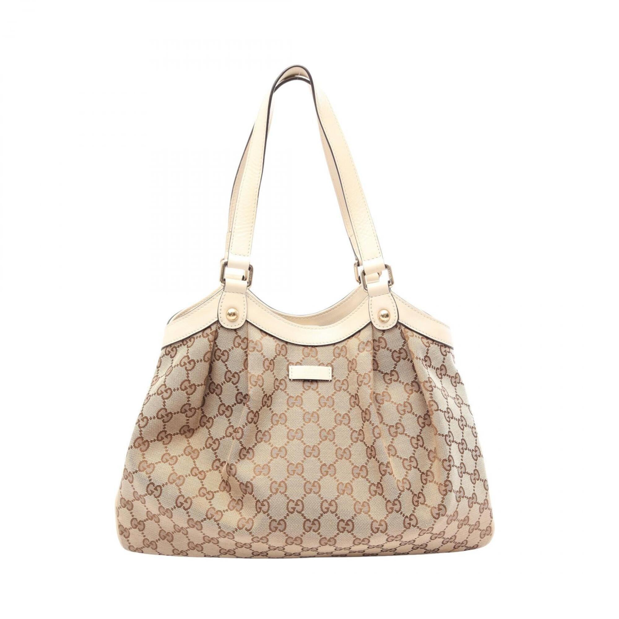 Gucci Beige White Canvas Leather Handbag Tote Bag (Pre-Owned)