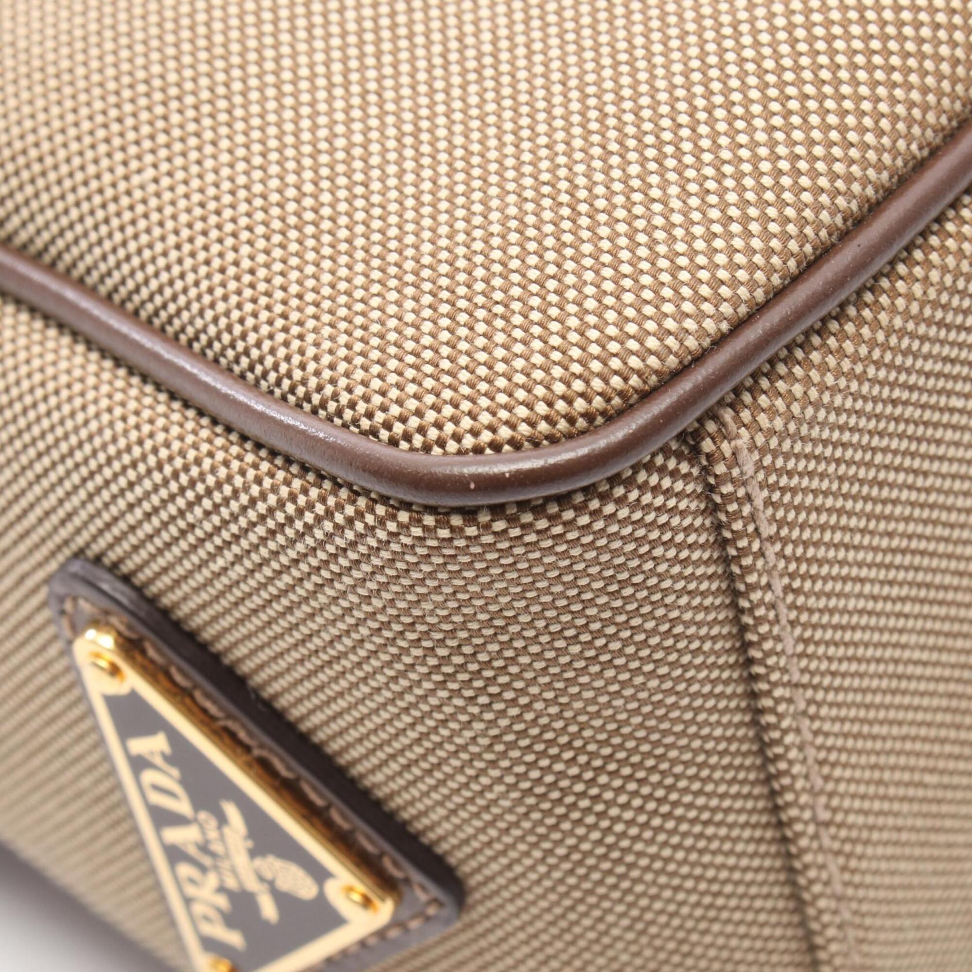 Prada Brown Gray Canvas Leather Handbag Shoulder Bag (Pre-Owned)