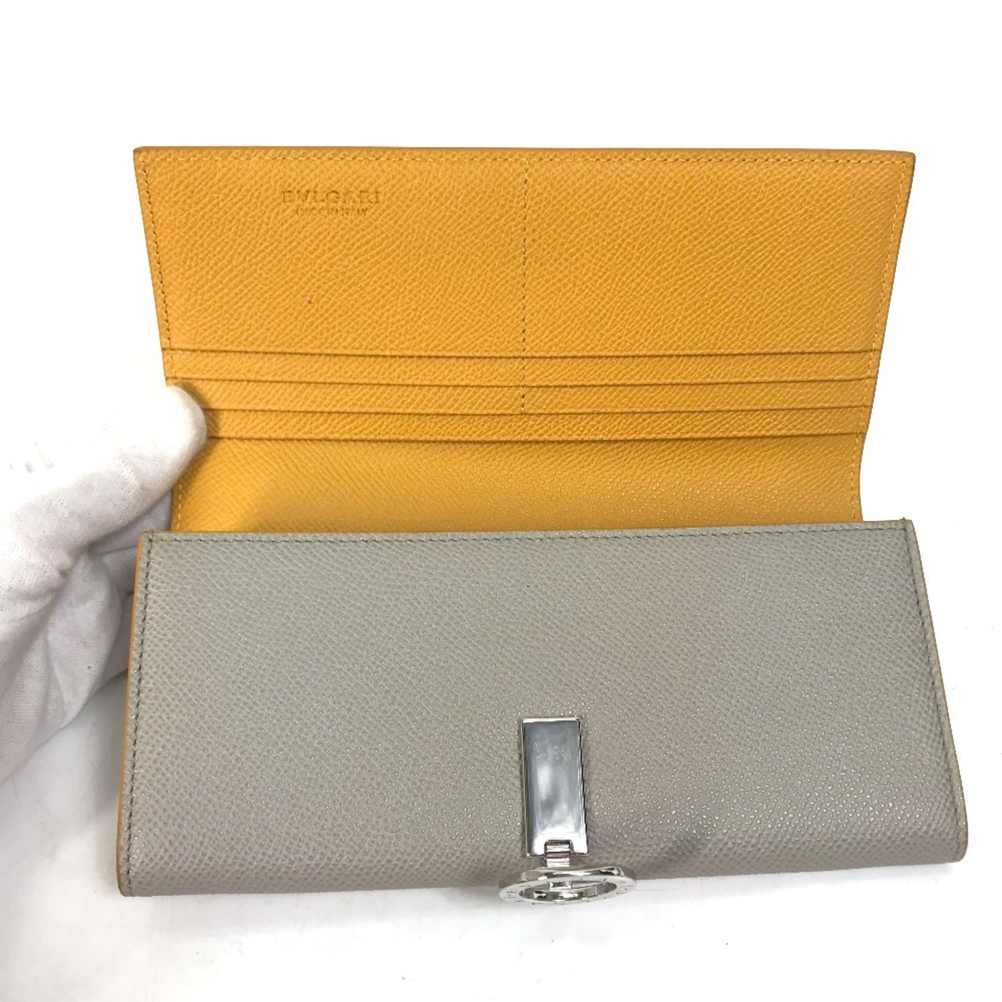 Bvlgari Gray Yellow Leather Long Wallet (Bi-Fold) (Pre-Owned)