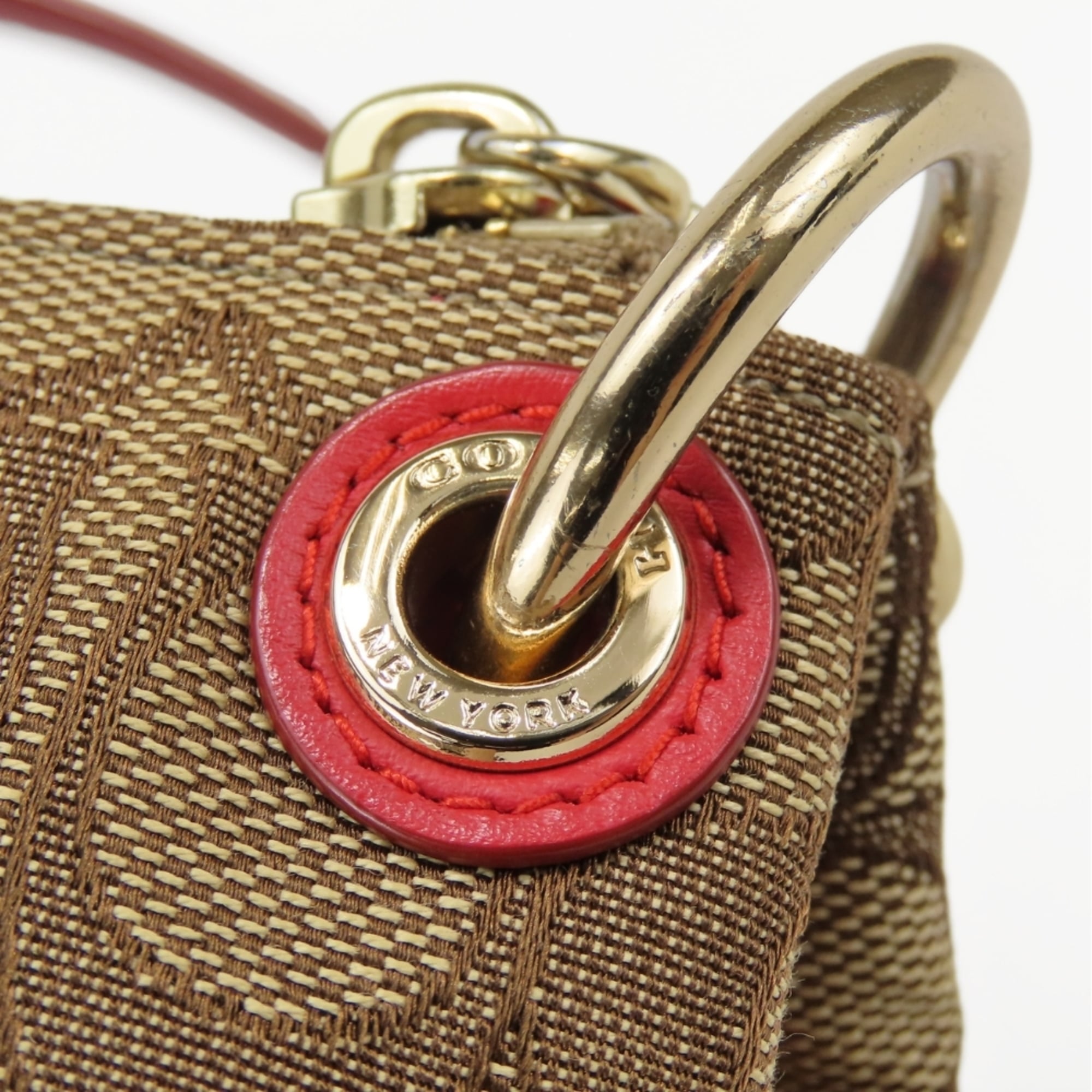 Coach Signature Beige Red Color Canvas Leather Shoulder Bag (Pre-Owned)