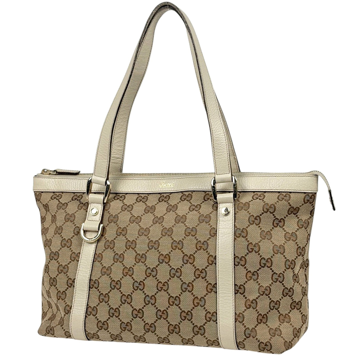 Gucci Abbey Beige Ivory Gg Canvas Leather Tote Bag (Pre-Owned)
