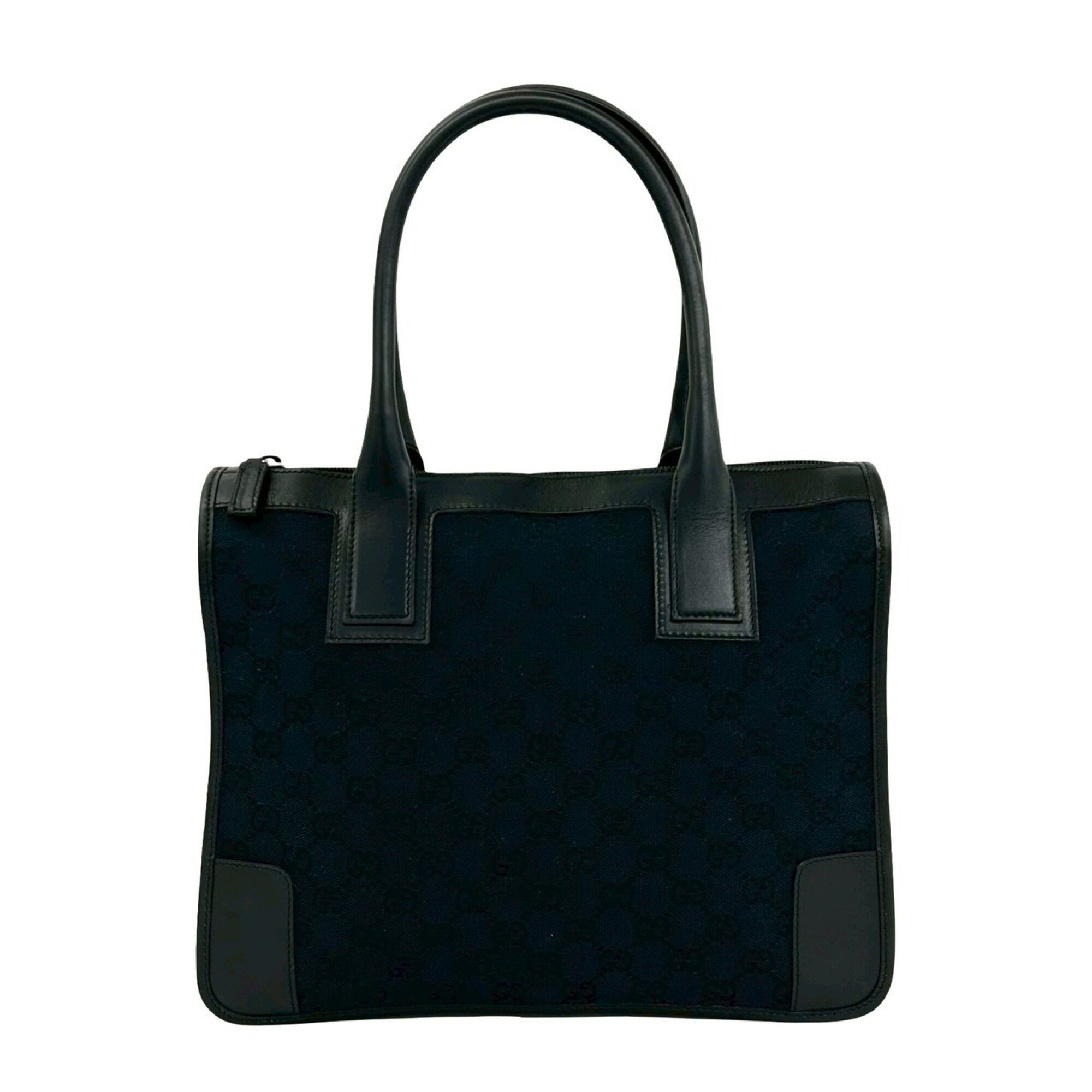 Gucci Black Dark Navy Leather Canvas Handbag Tote Bag (Pre-Owned)