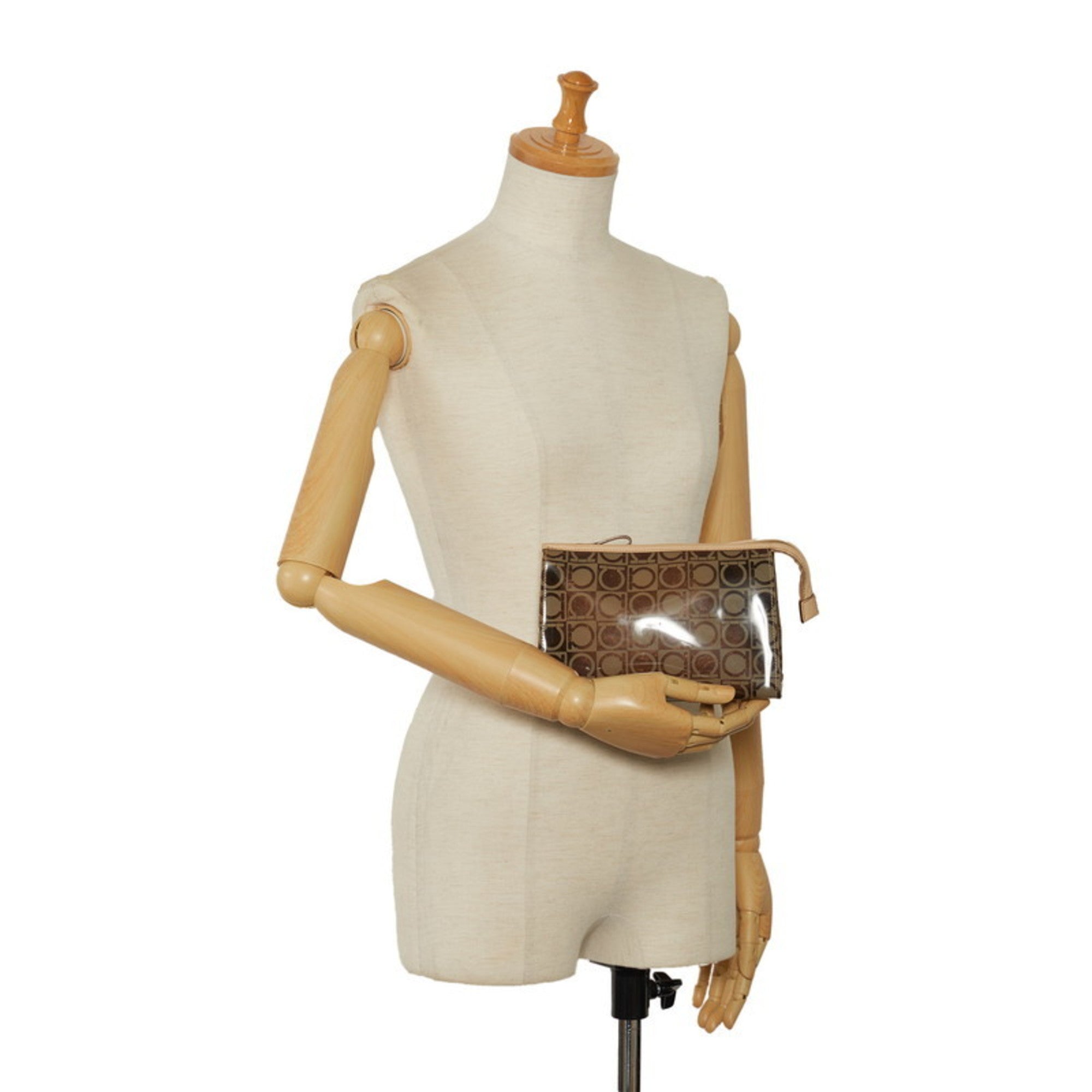 Salvatore Ferragamo Gancini Beige Brown Vinyl Pouch (Pre-Owned)