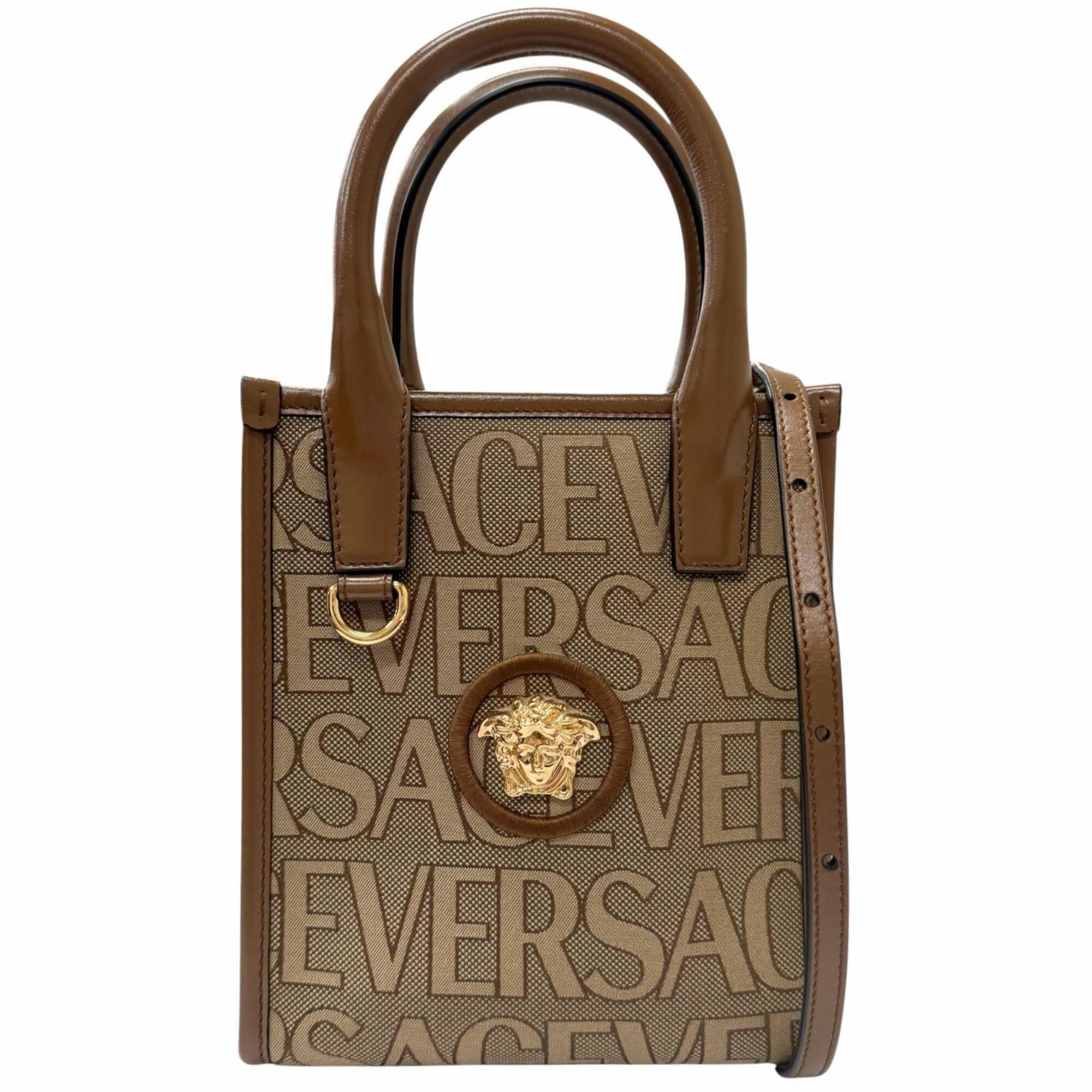 Versace Beige Brown Canvas Leather Handbag Shoulder Bag (Pre-Owned)