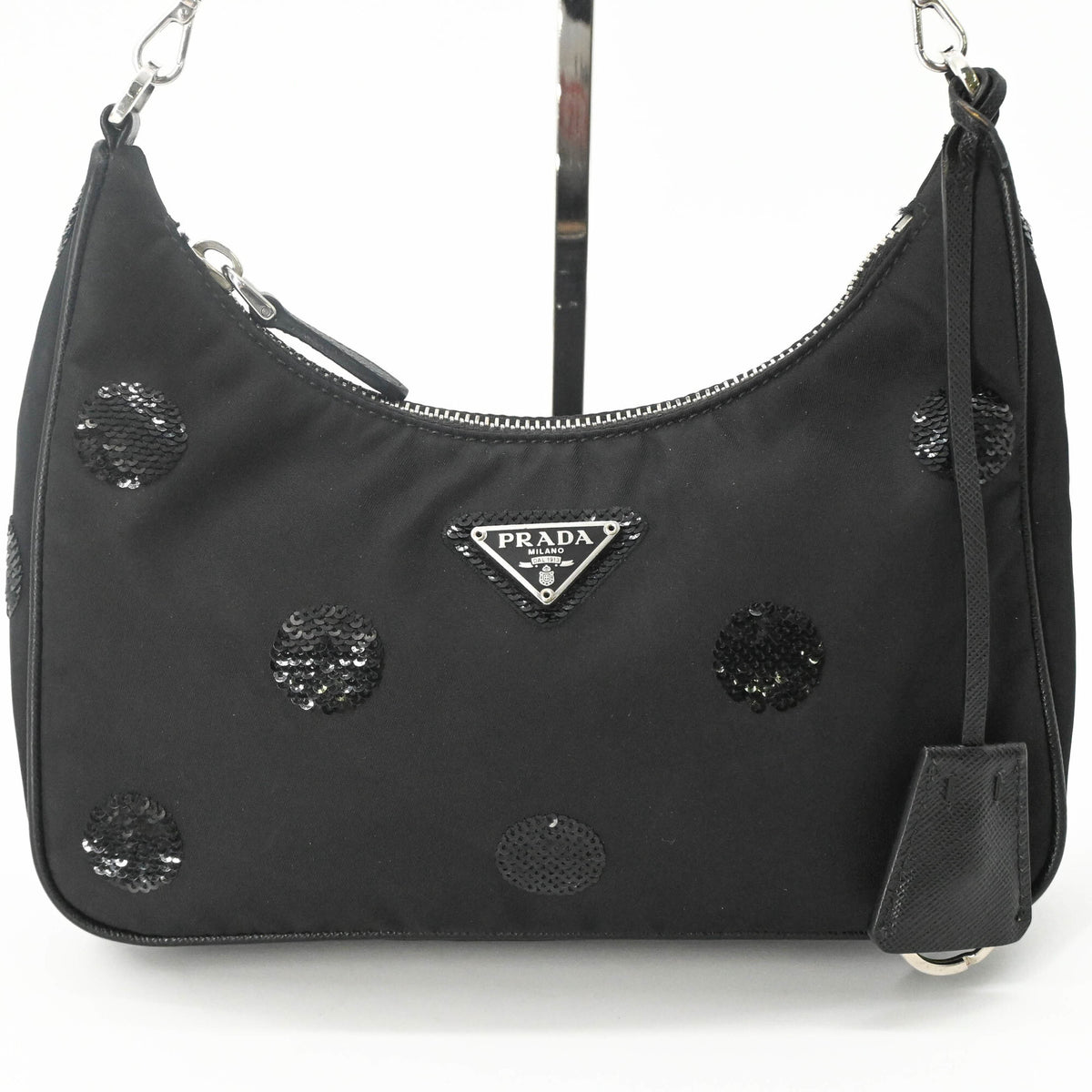 Prada Black Nylon Leather Spangles Handbag Shoulder Bag (Pre-Owned)
