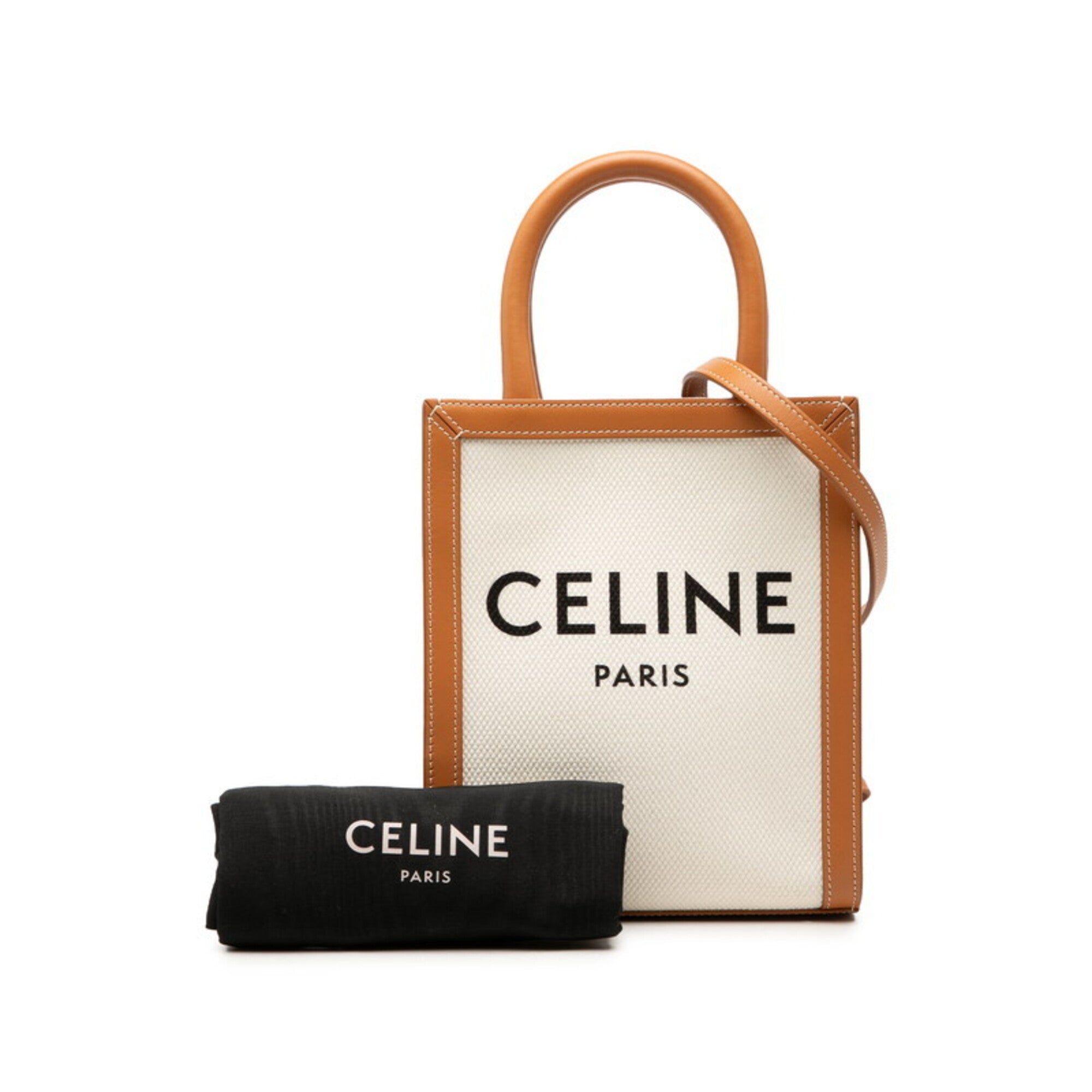 Celine Brown White Canvas Leather Handbag Shoulder Bag (Pre-Owned)