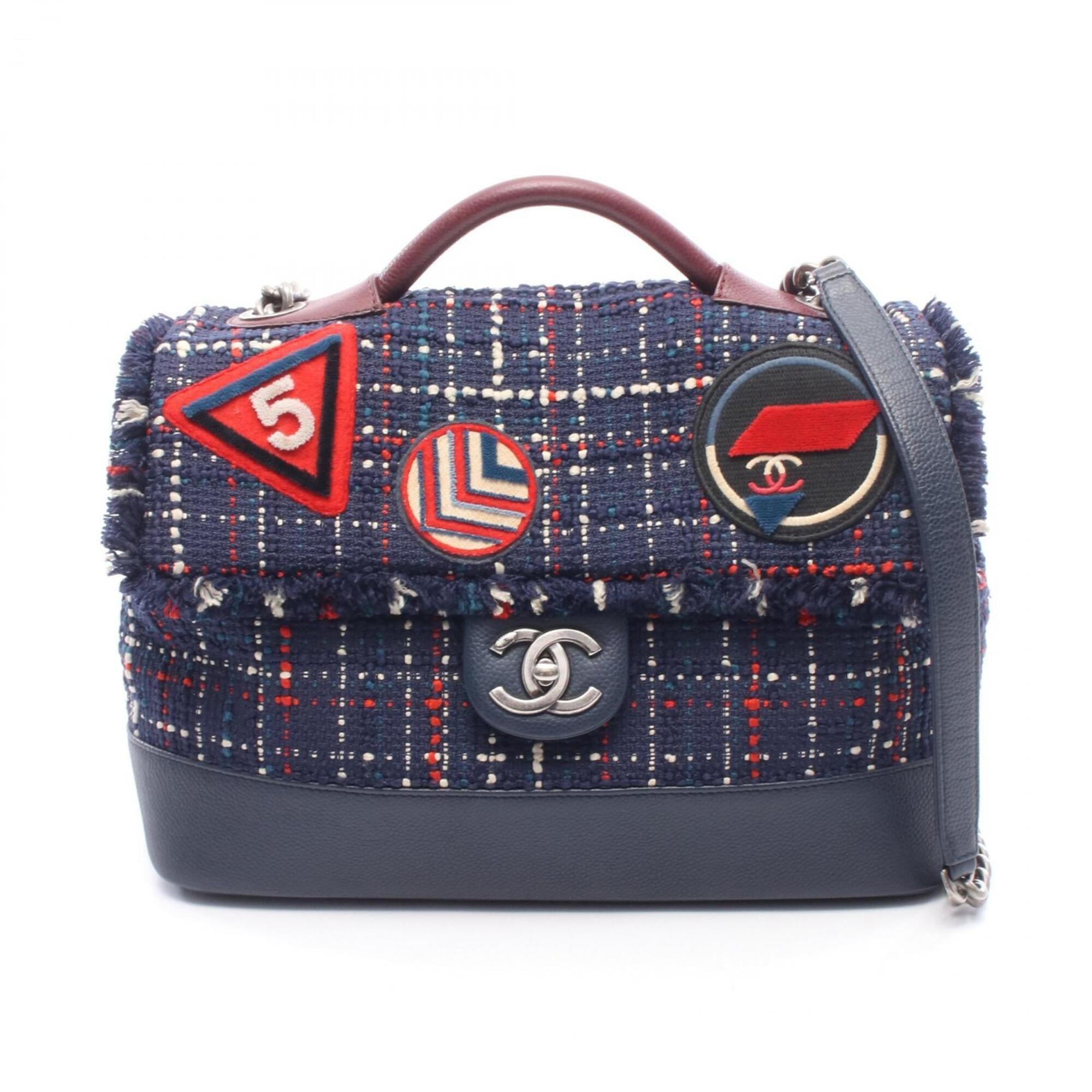 Chanel Bordeaux Multi-Color Navy Fabric Leather Handbag Shoulder Bag (Pre-Owned)