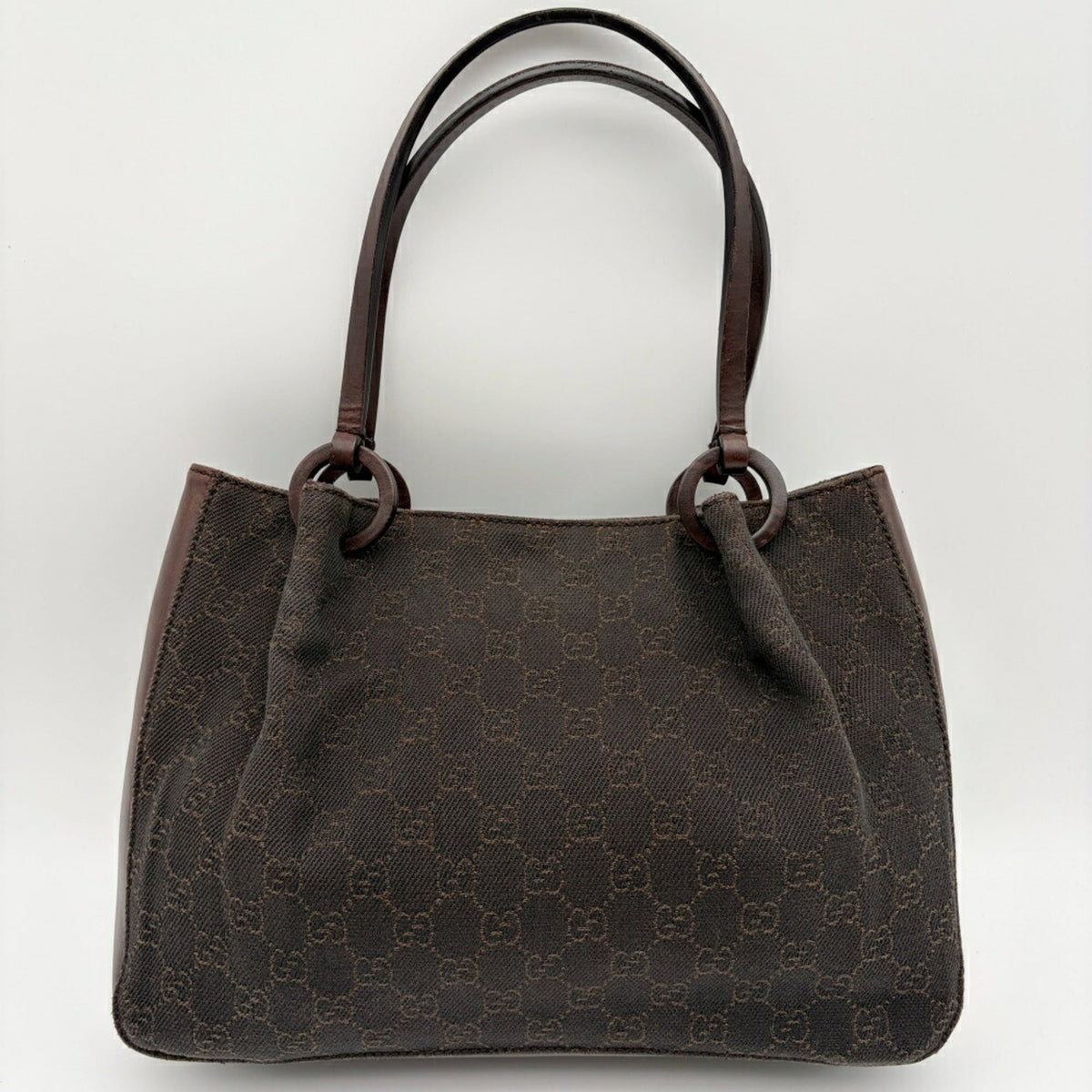 Gucci Dark Brown Gg Canvas Leather Tote Bag (Pre-Owned)