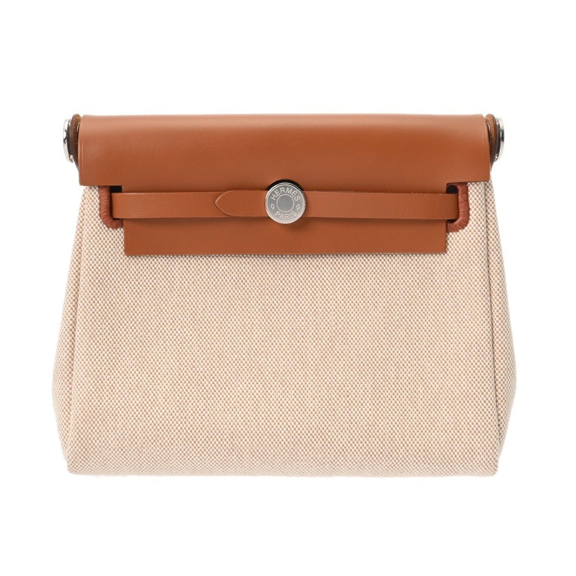 Hermes Ecru Fauve Leather Canvas Handbag (Pre-Owned)