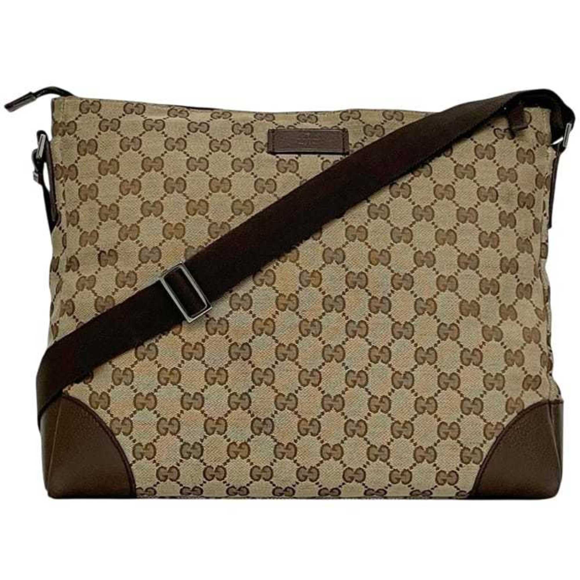 Gucci Beige Brown Gg Canvas Leather Shoulder Bag (Pre-Owned)