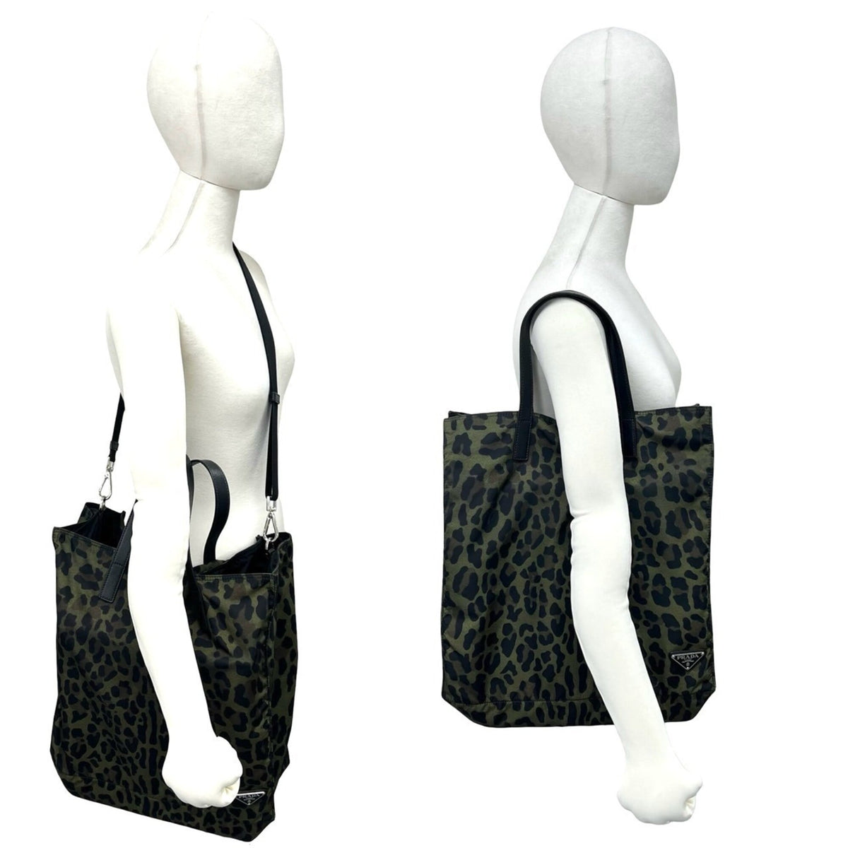 Prada Black Green Nylon Leather Shoulder Bag Tote Bag (Pre-Owned)
