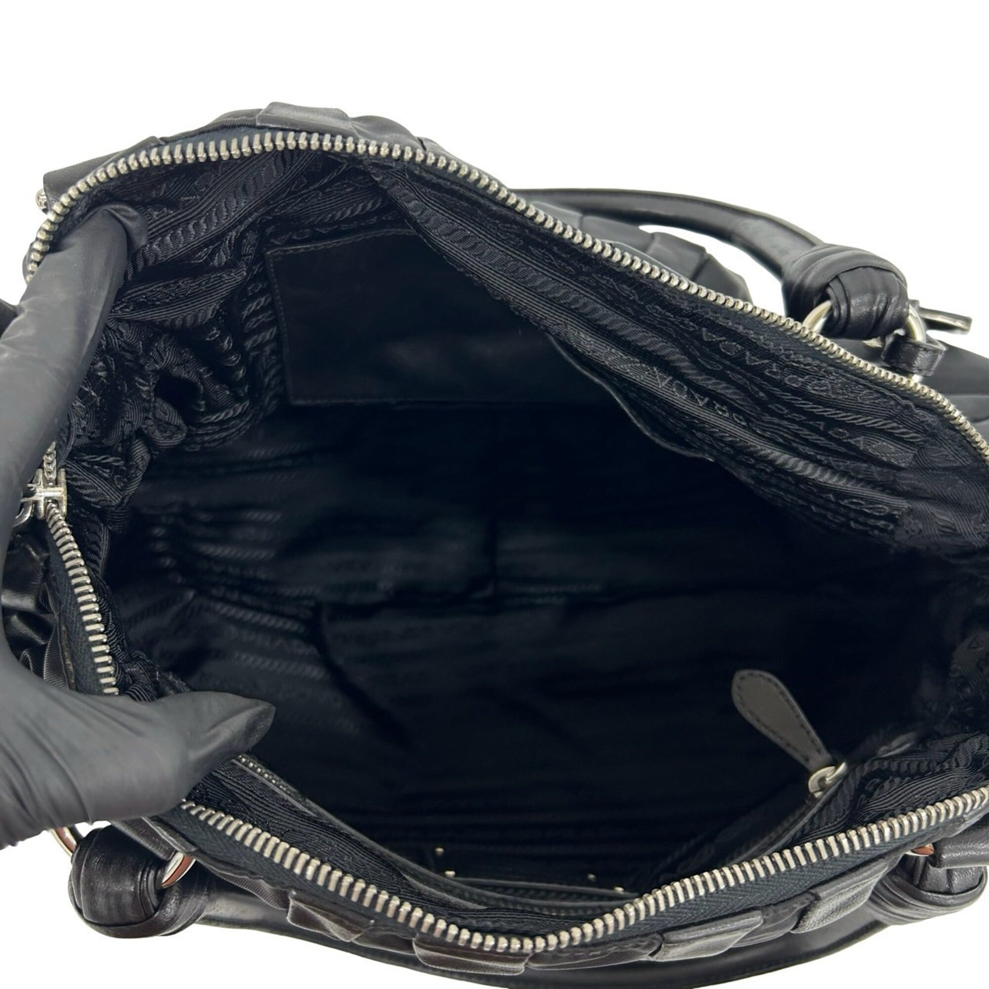 Prada Black Nylon Leather Boston Bag Handbag Tote Bag (Pre-Owned)