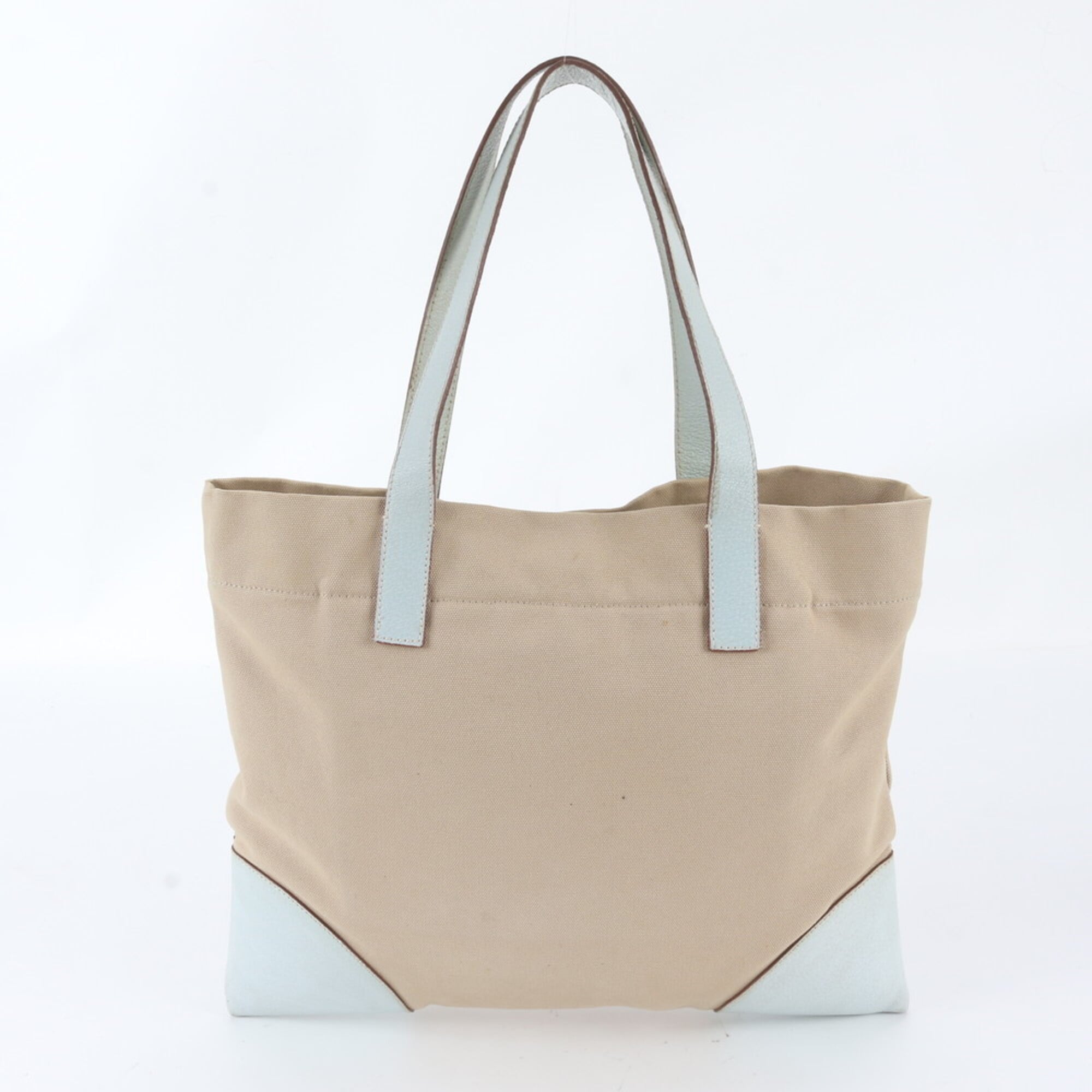 Prada Beige Blue Leather Canvas Handbag Tote Bag (Pre-Owned)