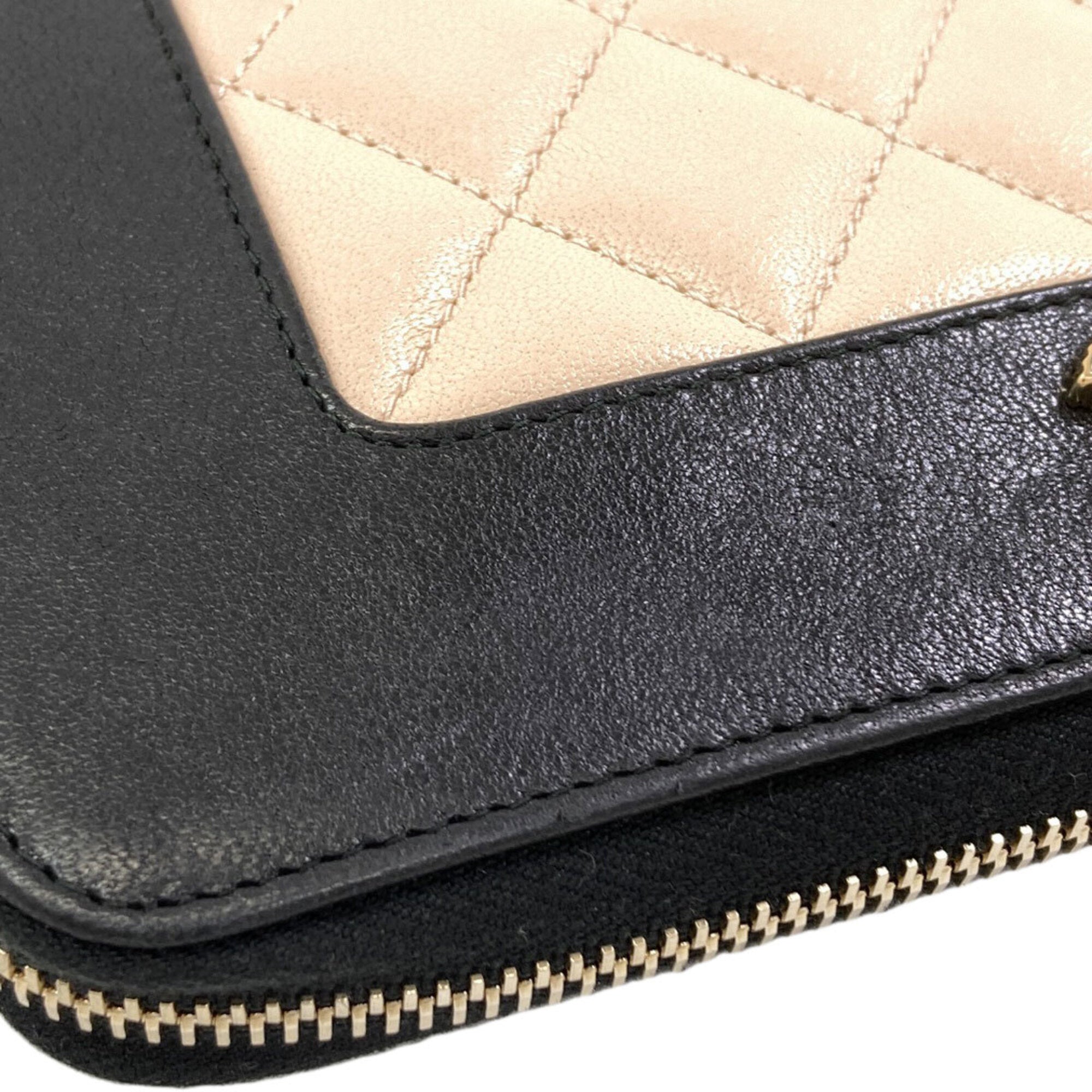 Chanel Beige Black Leather Long Wallet (Bi-Fold) (Pre-Owned)