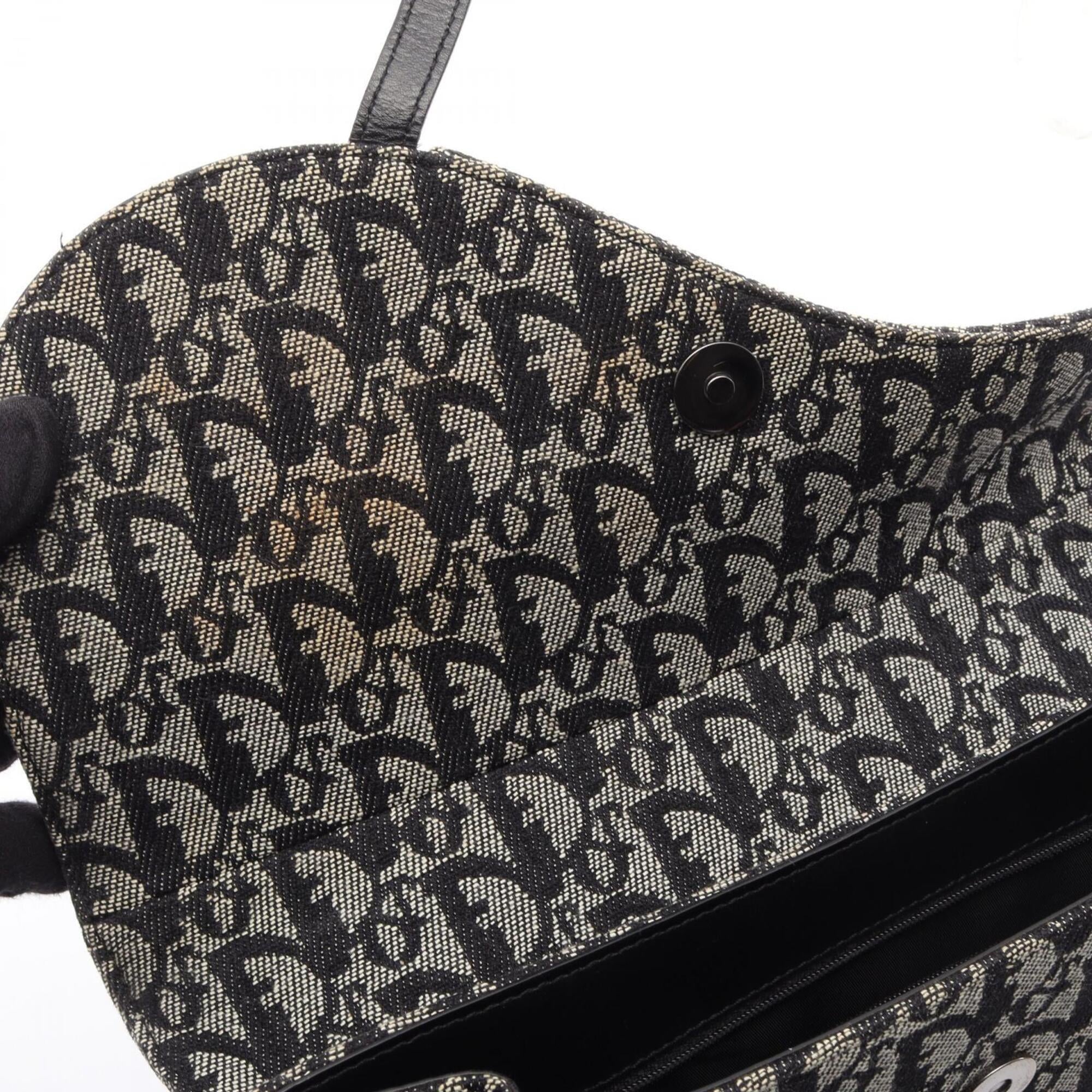 Christian Dior Black Gray Canvas Leather Saddle Bag Tote Bag (Pre-Owned)