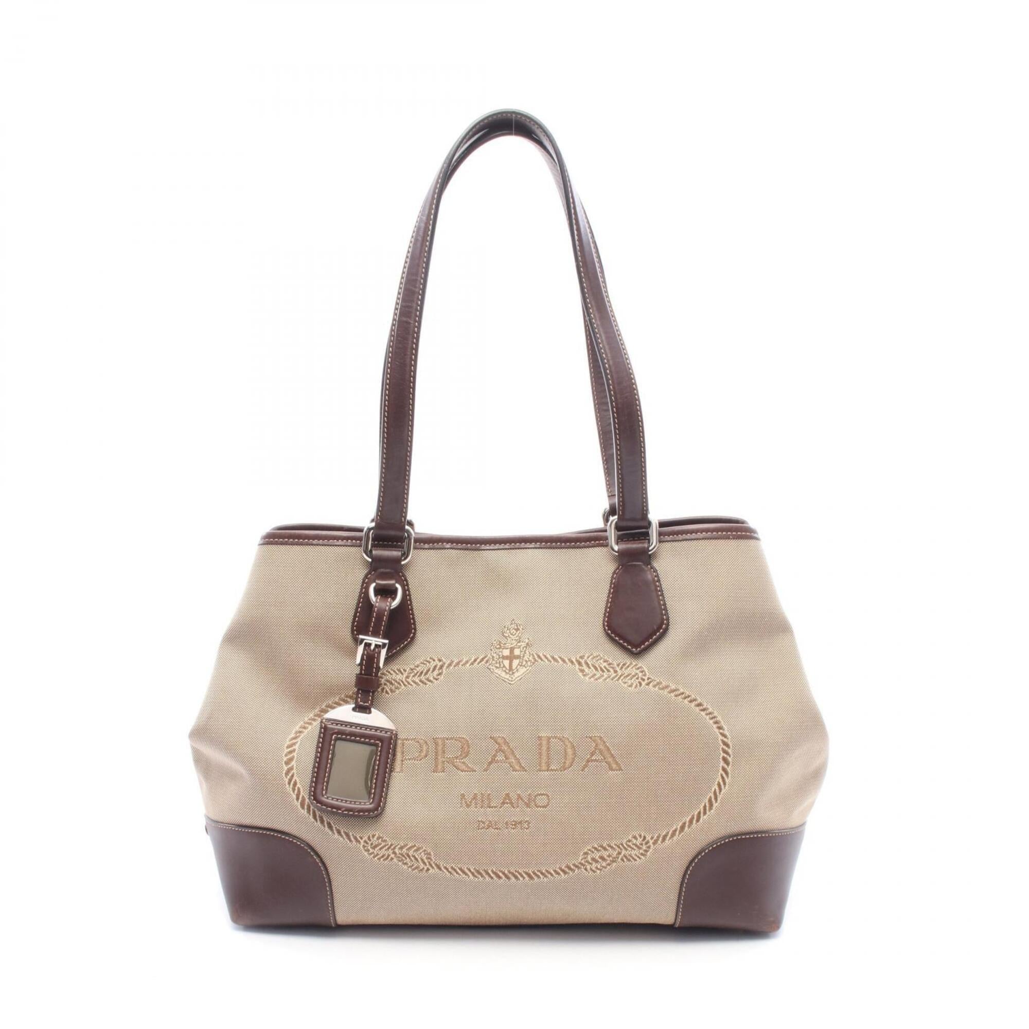Prada Beige Brown Canvas Leather Handbag Tote Bag (Pre-Owned)