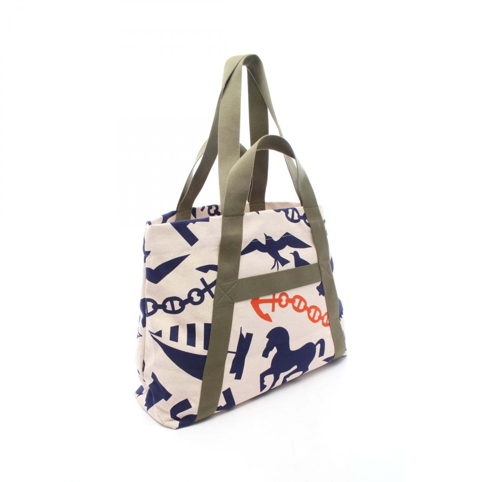Hermes Beige Multi-Color Navy Canvas Beach Bag Handbag Tote Bag (Pre-Owned)