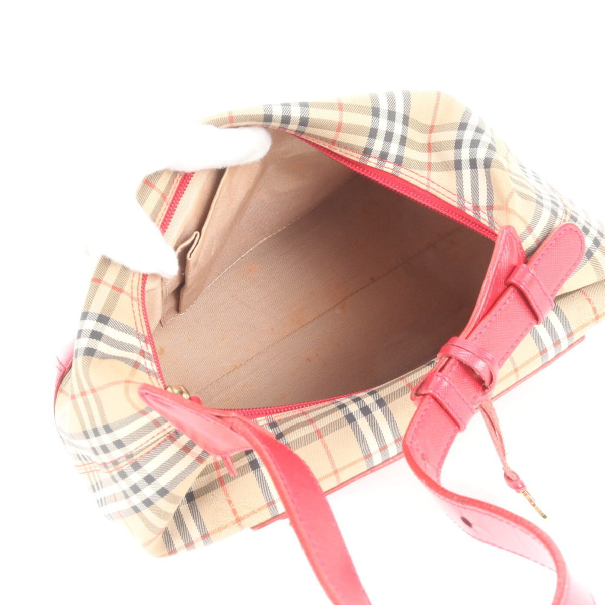 Burberry Beige Red Color Leather Canvas Shoulder Bag (Pre-Owned)
