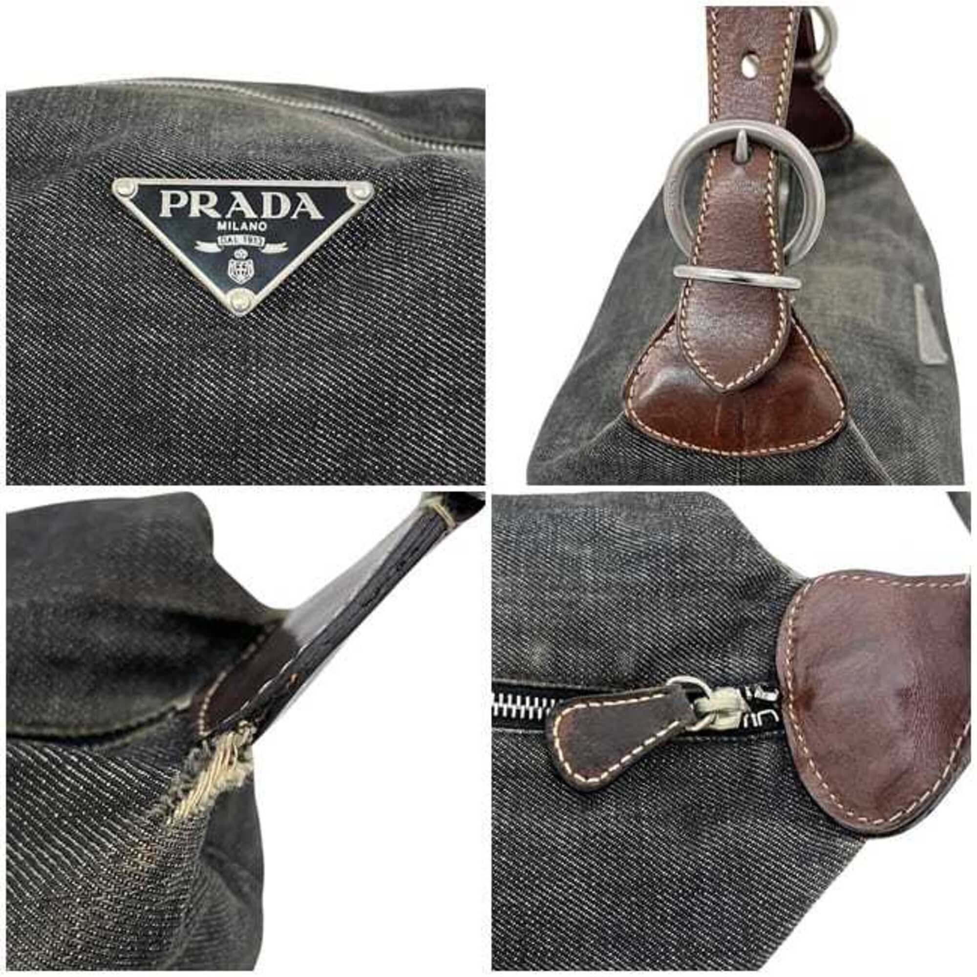 Prada Black Gray Denim Leather Shoulder Bag (Pre-Owned)