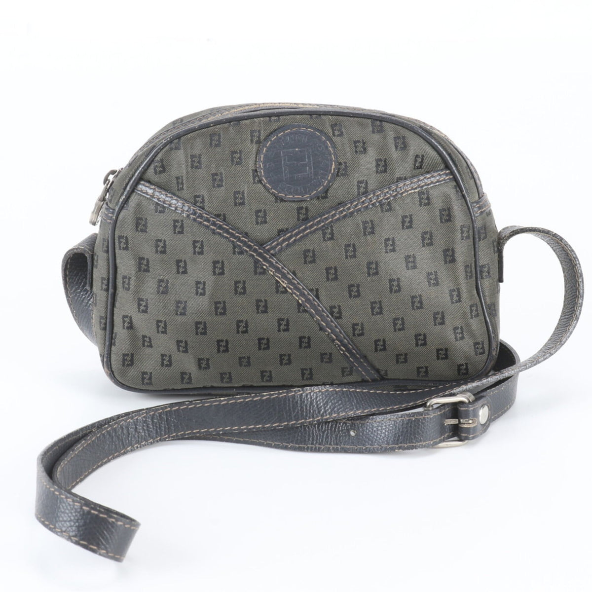 Fendi Khaki Navy Leather Canvas Shoulder Bag (Pre-Owned)