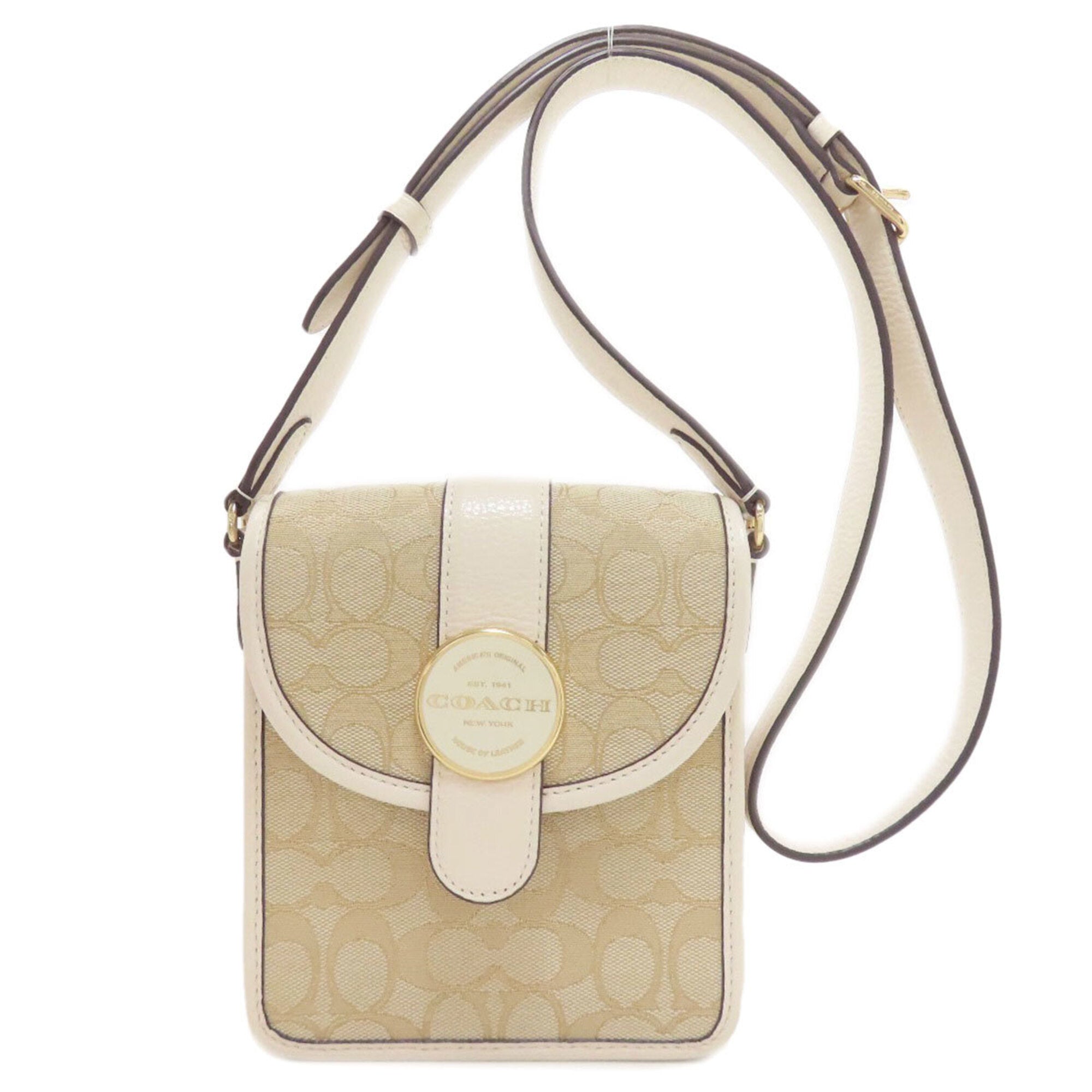 Coach Signature Beige White Canvas Leather Shoulder Bag (Pre-Owned)
