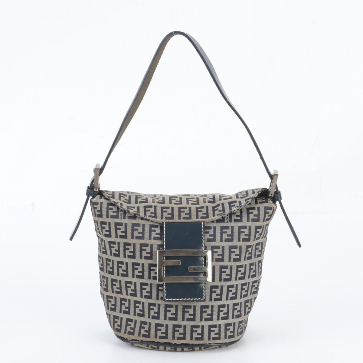 Fendi Gray Navy Leather Canvas Handbag (Pre-Owned)
