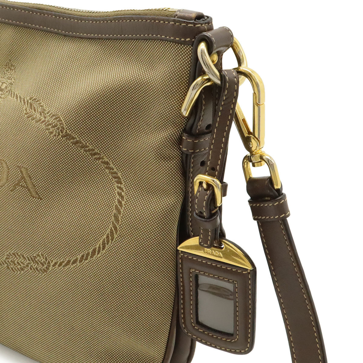 Prada Beige Dark Brown Khaki Canvas Leather Clutch Bag Shoulder Bag (Pre-Owned)