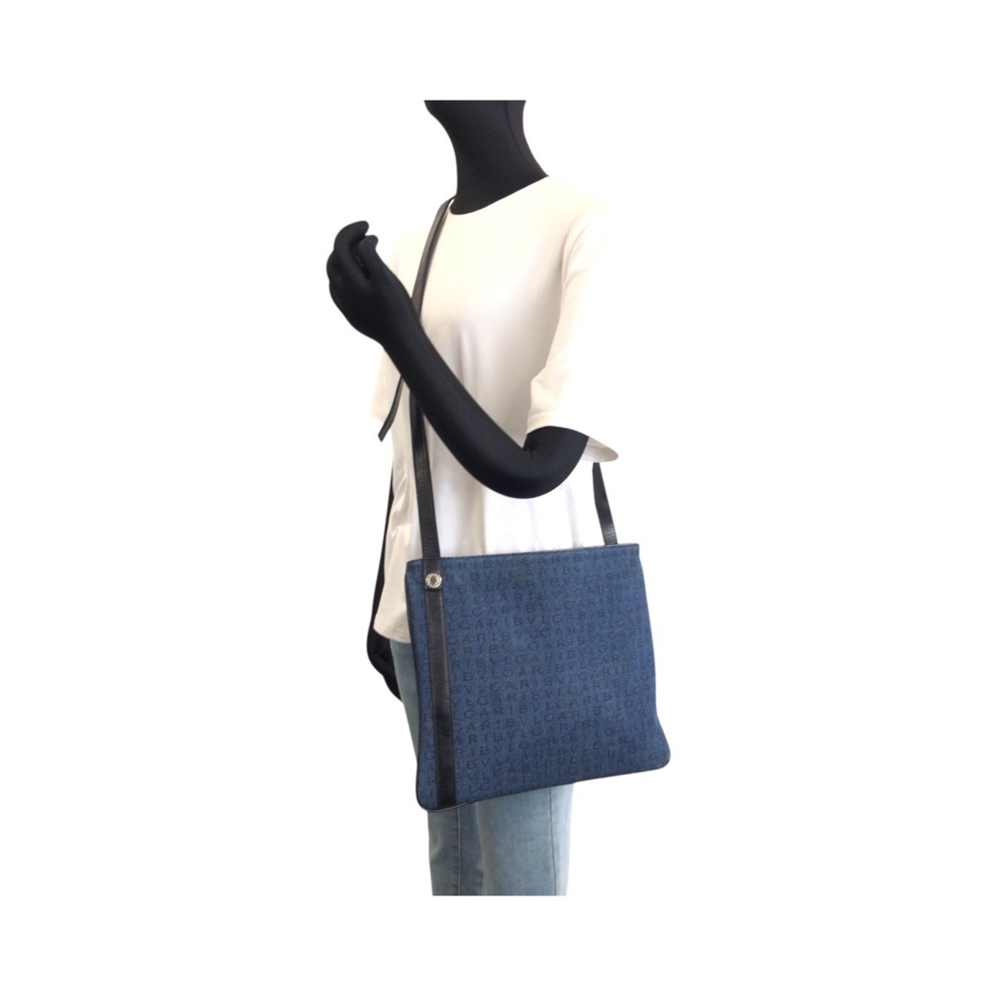 Bvlgari Black Blue Canvas Leather Messenger Bag Shoulder Bag (Pre-Owned)