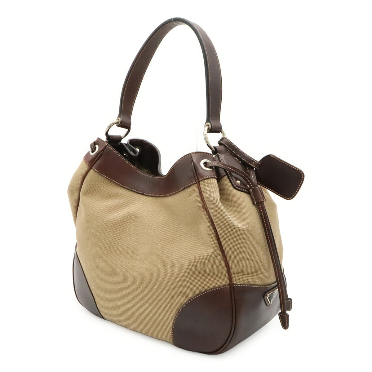 Prada Beige Dark Brown Khaki Canvas Leather Shoulder Bag (Pre-Owned)