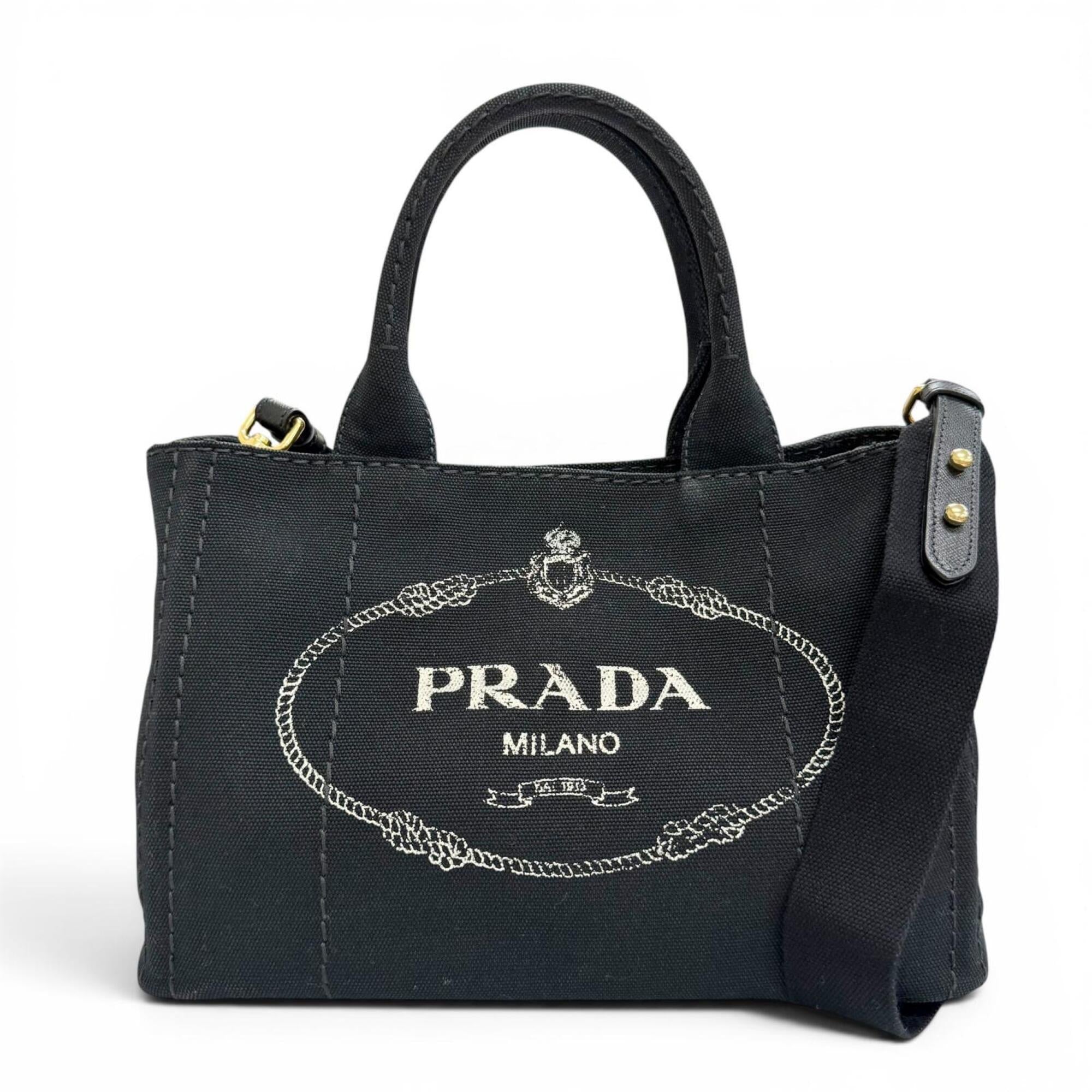 Prada Black Leather Canvas Tote Bag (Pre-Owned)