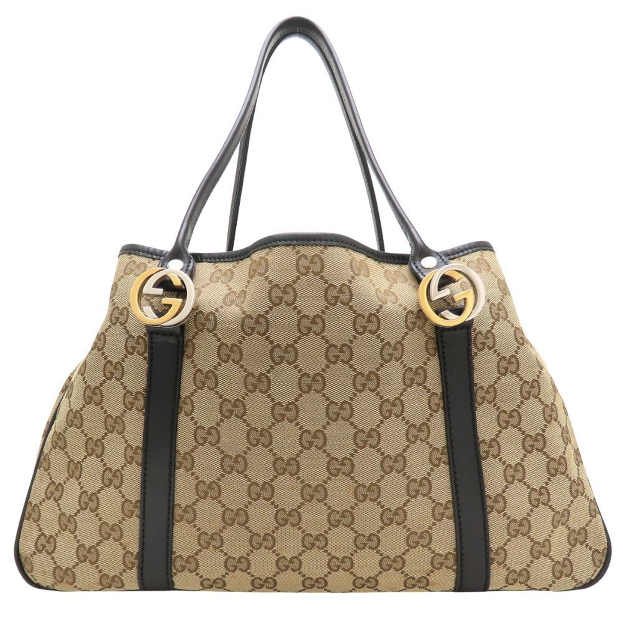 Gucci Beige Black Gg Canvas Leather Tote Bag (Pre-Owned)