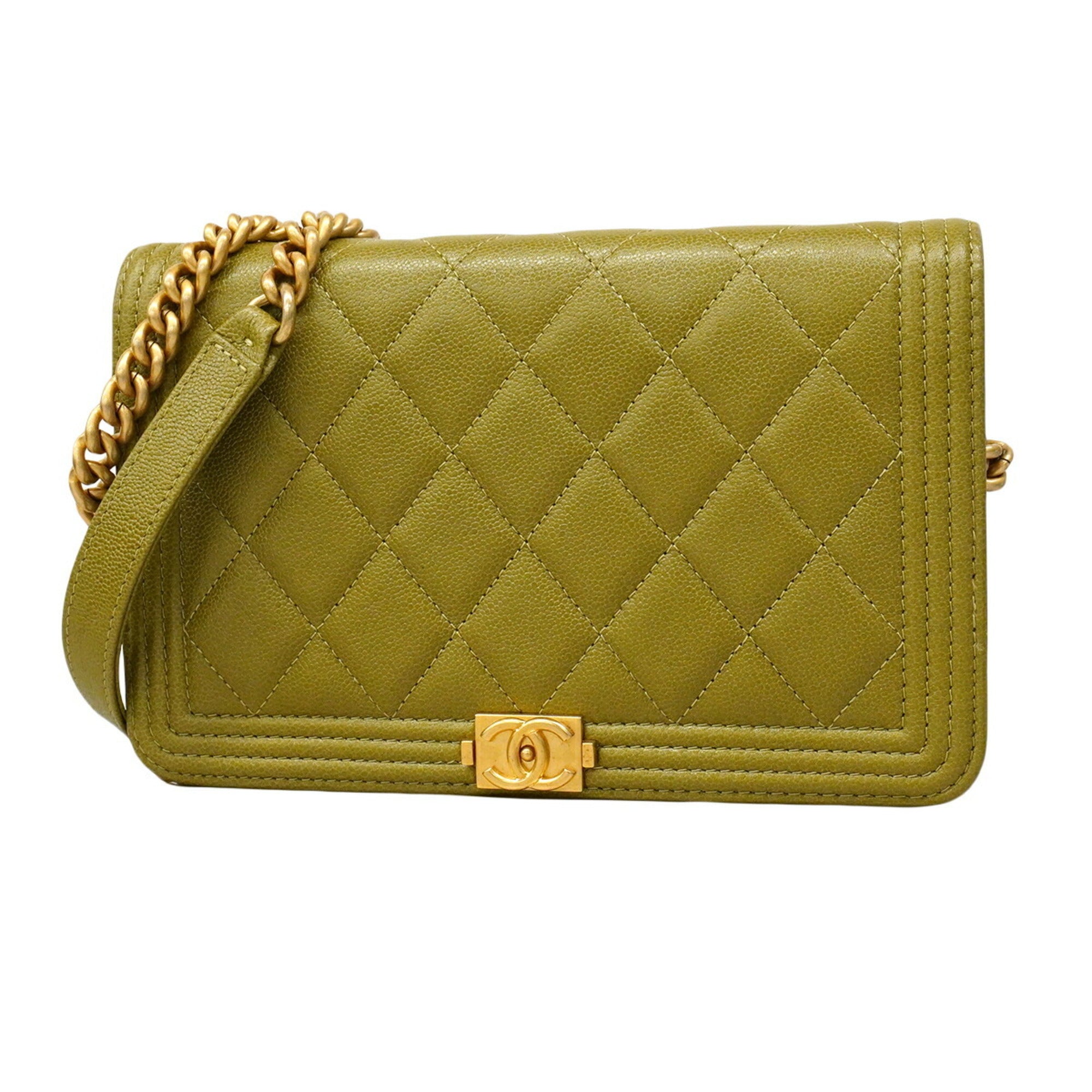 Chanel Khaki Grained Calfskin Chain/Shoulder Wallet (Pre-Owned)