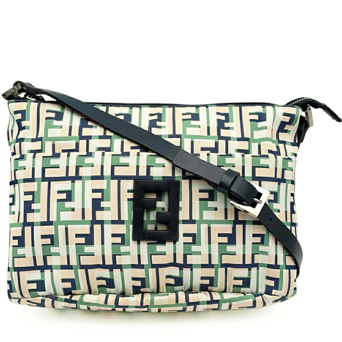 Fendi Beige Green Ivory Navy Zucca Nylon Canvas Leather Shoulder Bag (Pre-Owned)