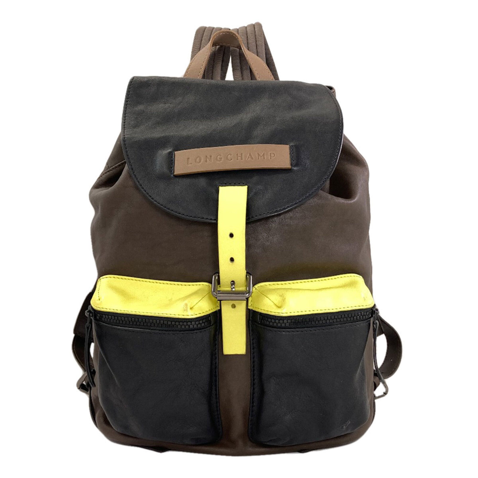Longchamp Black Brown Yellow Leather Backpack (Pre-Owned)