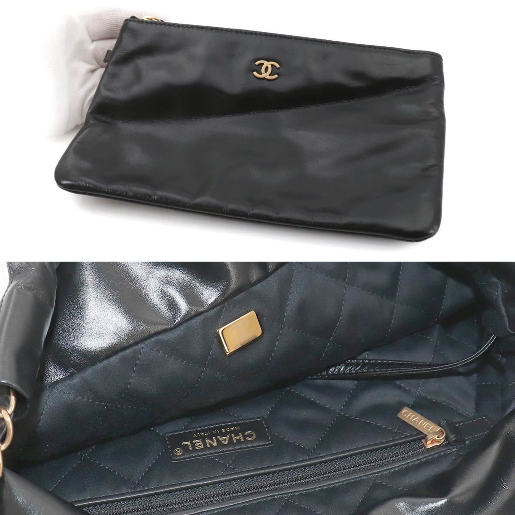 Chanel Black White Leather Handbag Pouch Shoulder Bag (Pre-Owned)