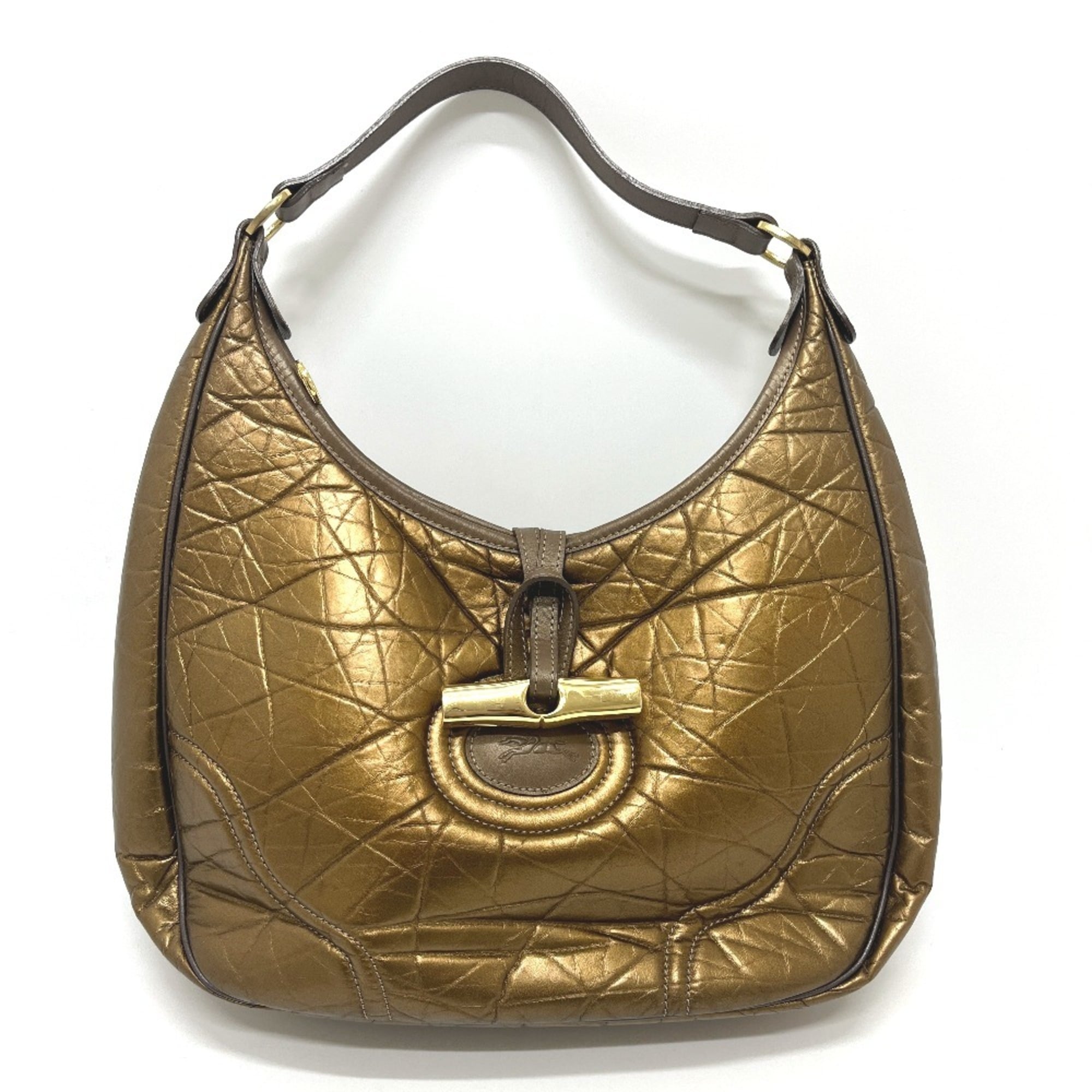 Longchamp Bronze Leather Nylon Handbag Shoulder Bag Tote Bag (Pre-Owned)