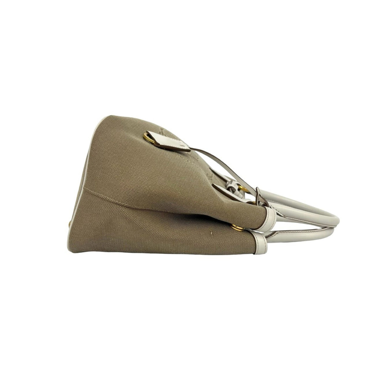 Prada Brown White Canvas Leather Boston Bag Handbag Tote Bag (Pre-Owned)