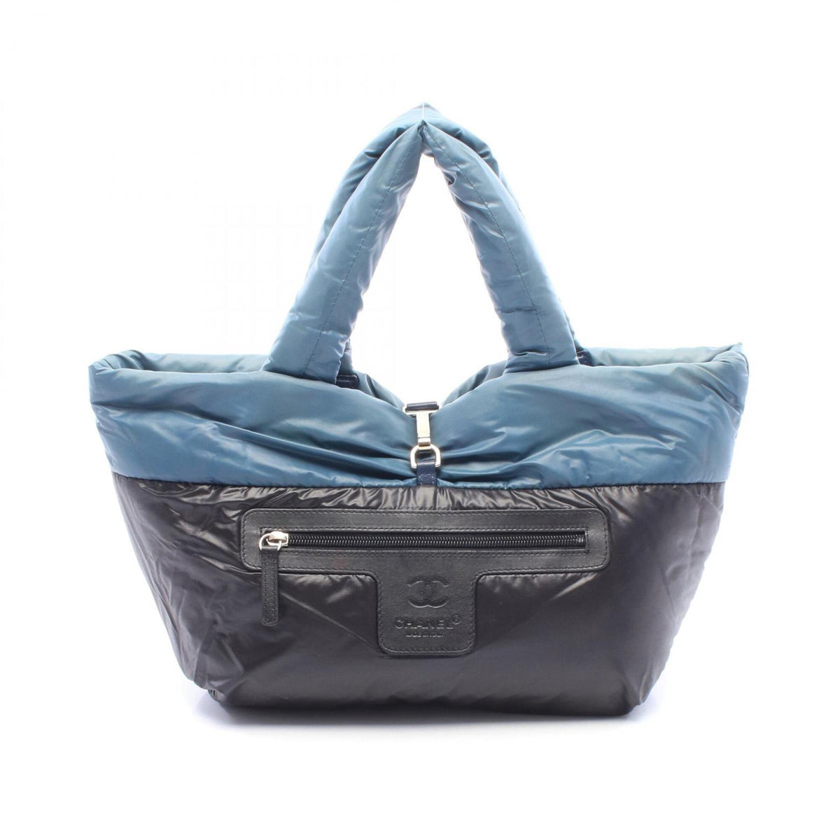 Chanel Green Navy Nylon Leather Handbag Tote Bag (Pre-Owned)