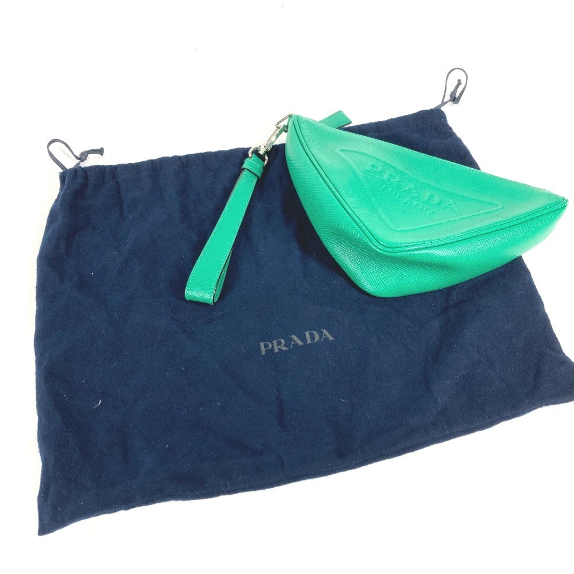 Prada Green Saffiano Triangle Clutch Bag Pouch (Pre-Owned)