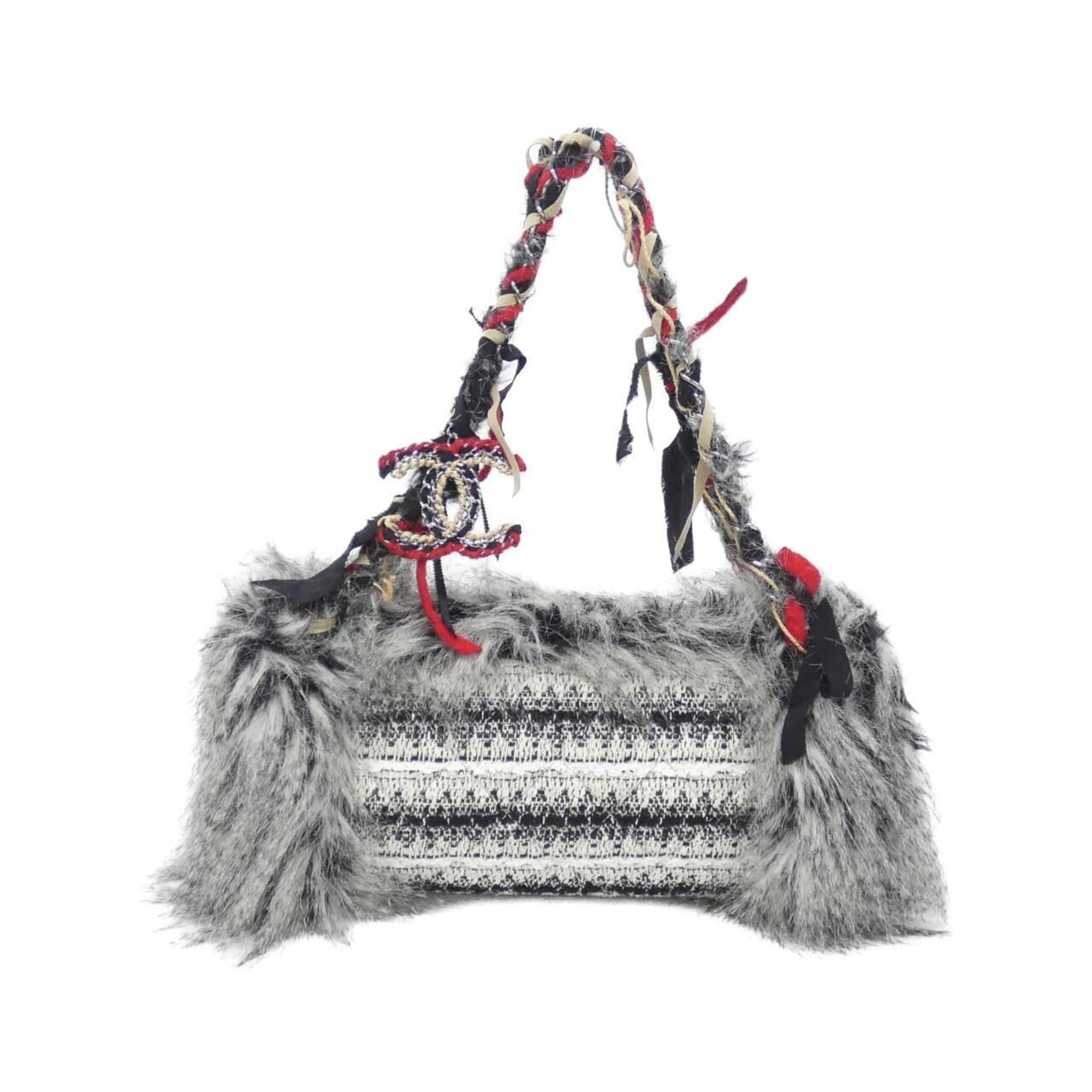 Chanel Beige Black Red Color White Tweed Fur Leather Shoulder Bag (Pre-Owned)