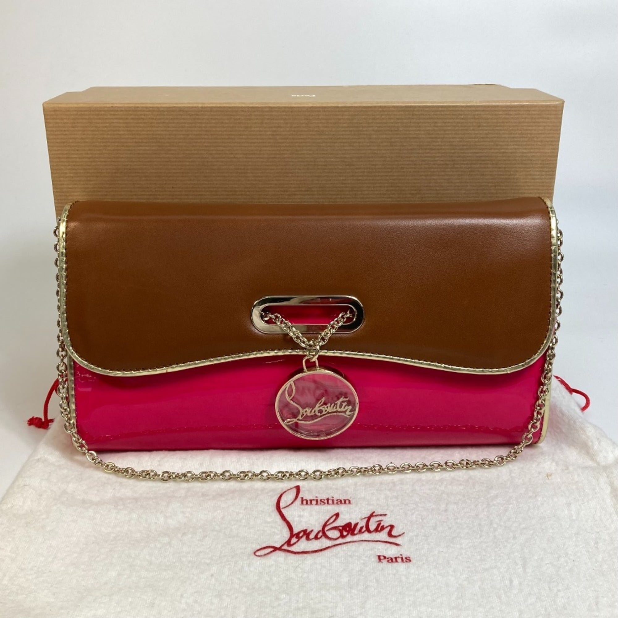 Christian Louboutin Brown Pink Patent Leather Suede Leather Clutch Bag Handbag (Pre-Owned)