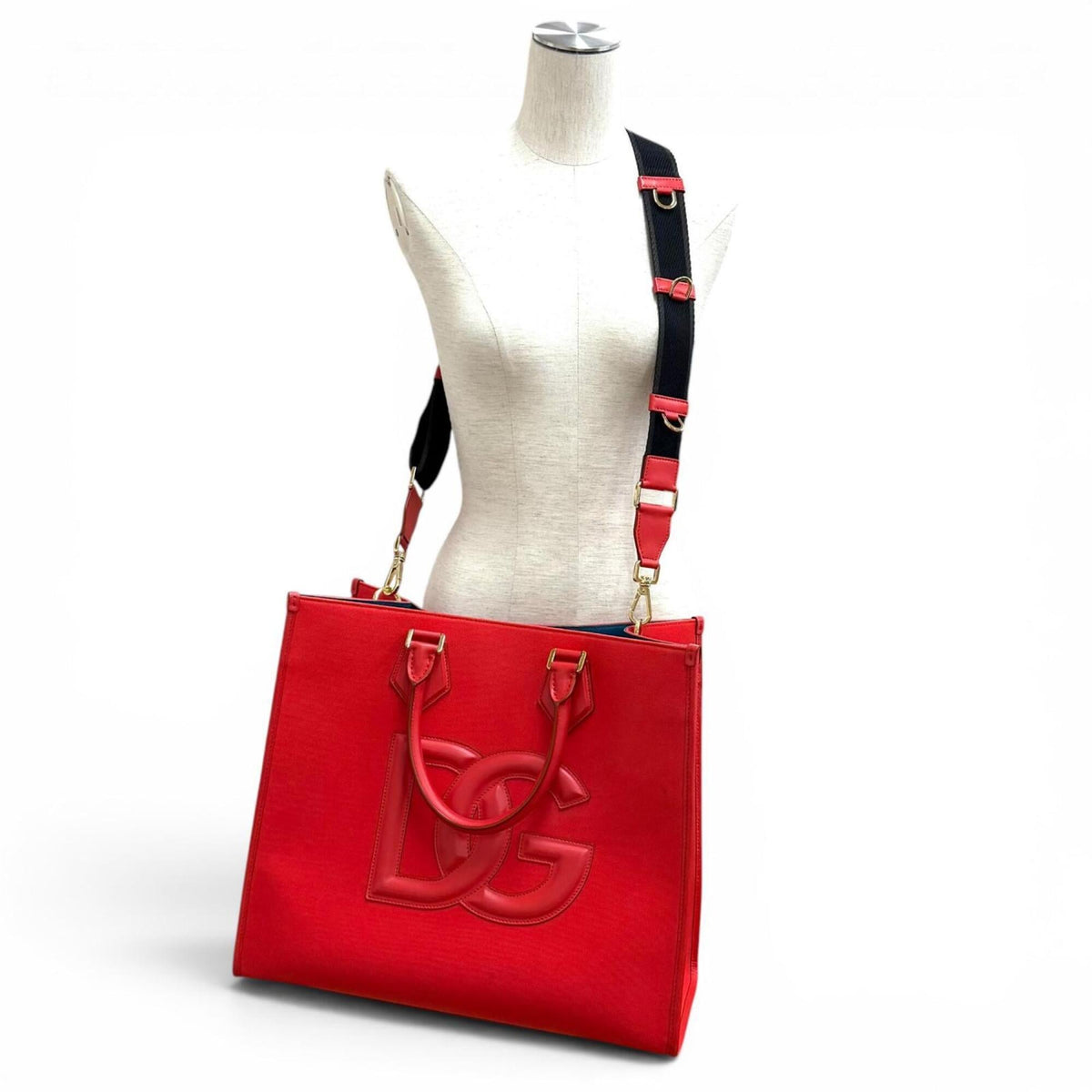 Dolce & Gabbana Red Color Leather Canvas Tote Bag (Pre-Owned)