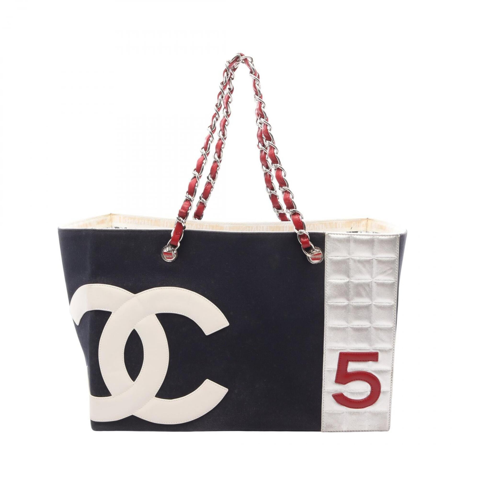 Chanel Navy Red Color Silver Canvas Leather Handbag Tote Bag (Pre-Owned)