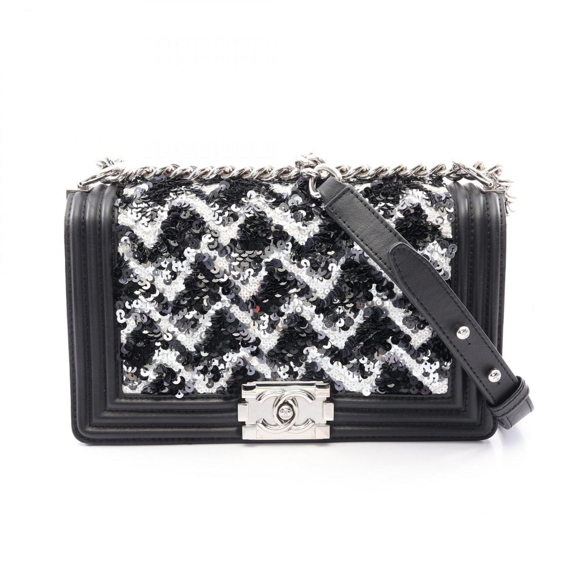 Chanel Black White Leather Handbag Shoulder Bag (Pre-Owned)