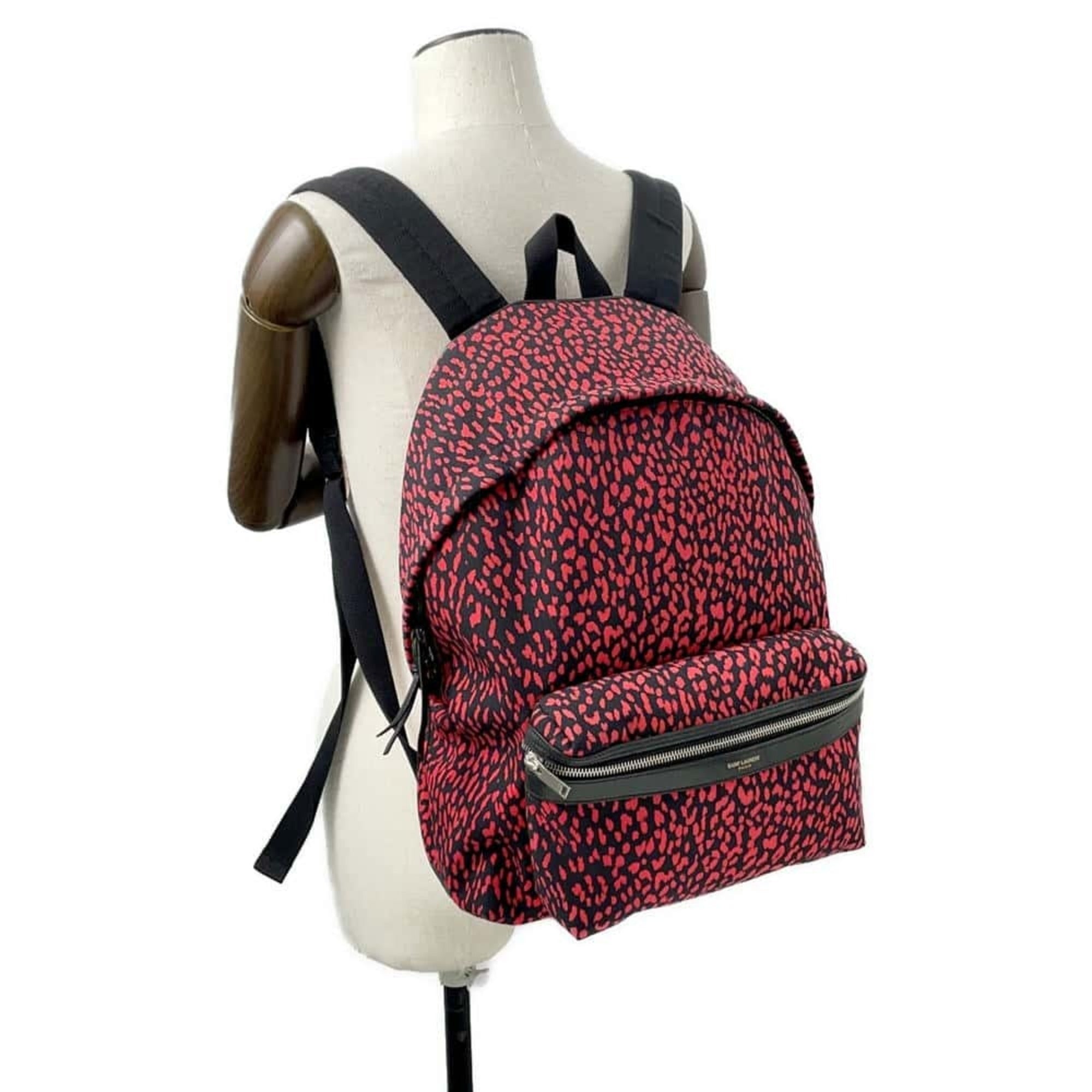 Saint Laurent Black Red Color Canvas Leather Backpack (Pre-Owned)