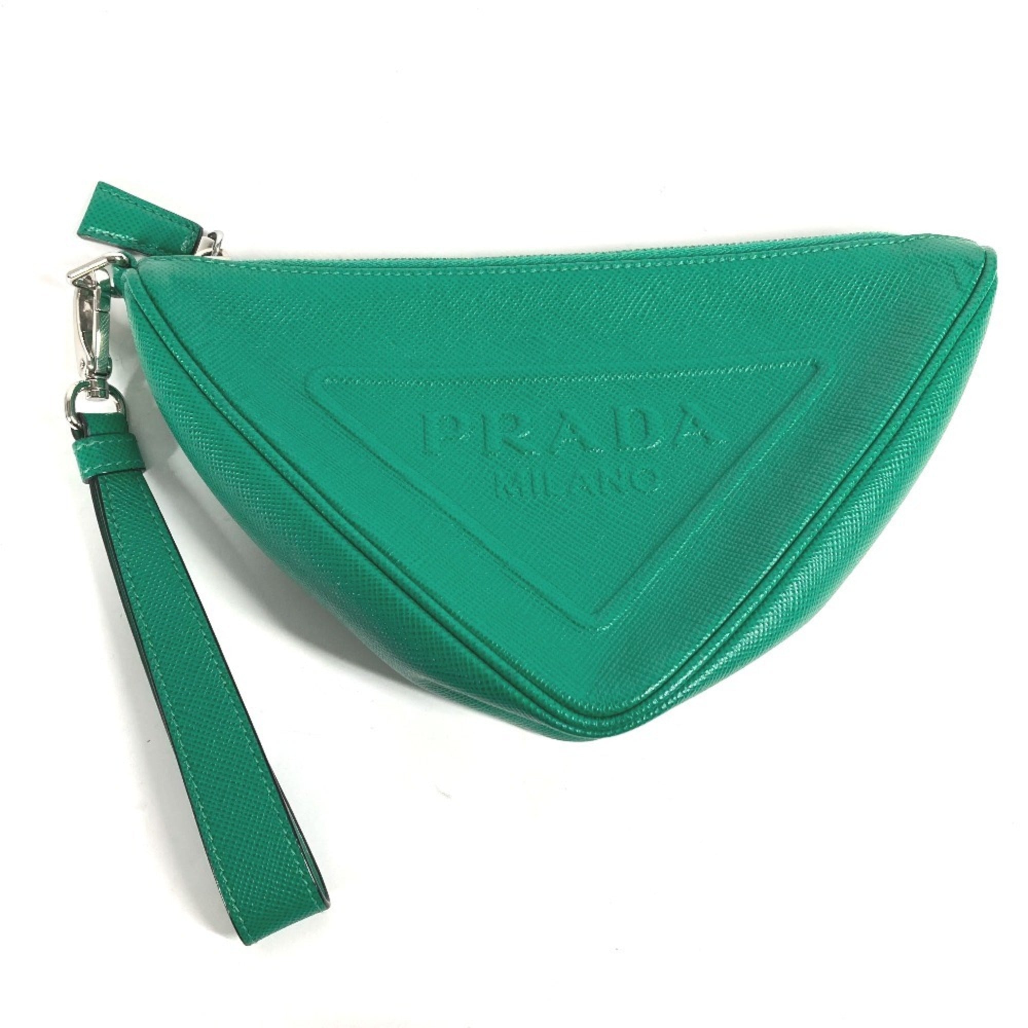 Prada Green Saffiano Triangle Clutch Bag Pouch (Pre-Owned)