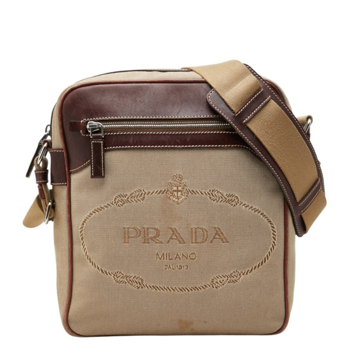 Prada Beige Brown Canvas Leather Shoulder Bag (Pre-Owned)