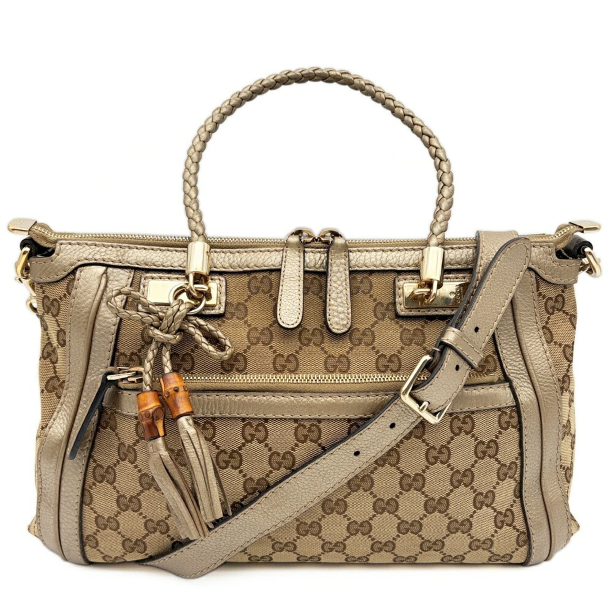 Gucci Gg Canvas Beige Gold Gg Canvas Leather Bamboo Shoulder Bag (Pre-Owned)